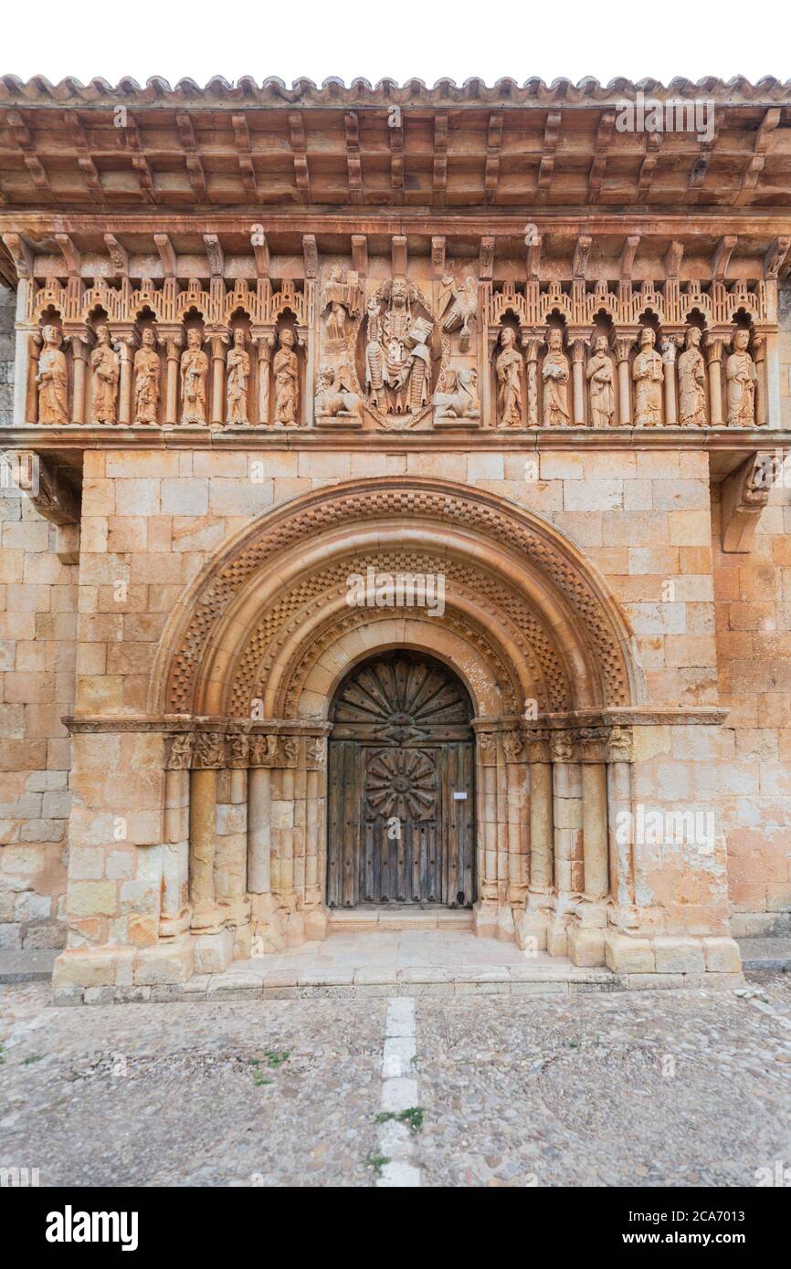 Main romanesque facade of San Juan Bautista in Moarves de Ojeda, Stock Photo