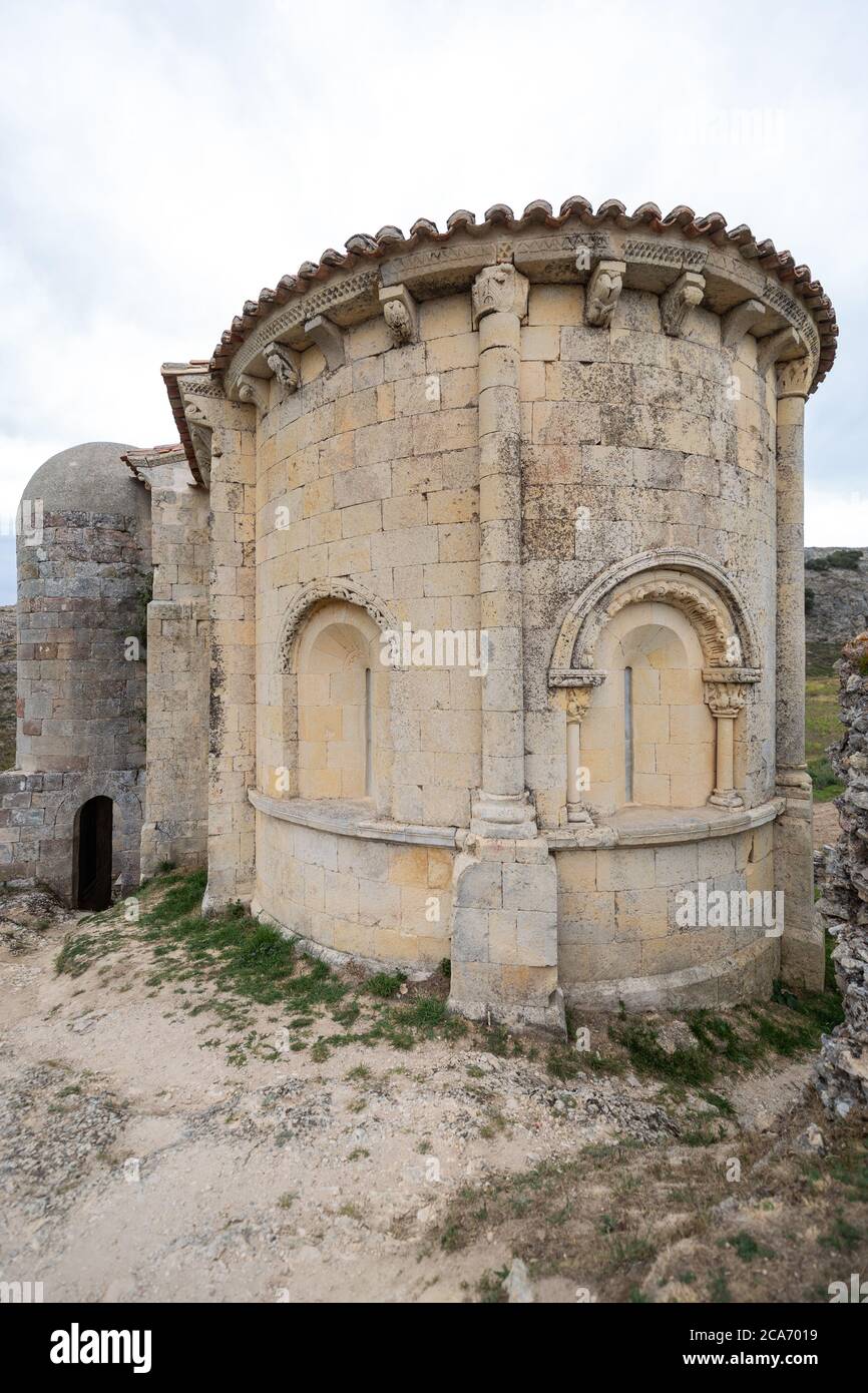 Apse of romanesque hermitage of Santa Cecilia in Vallespinoso de Stock Photo