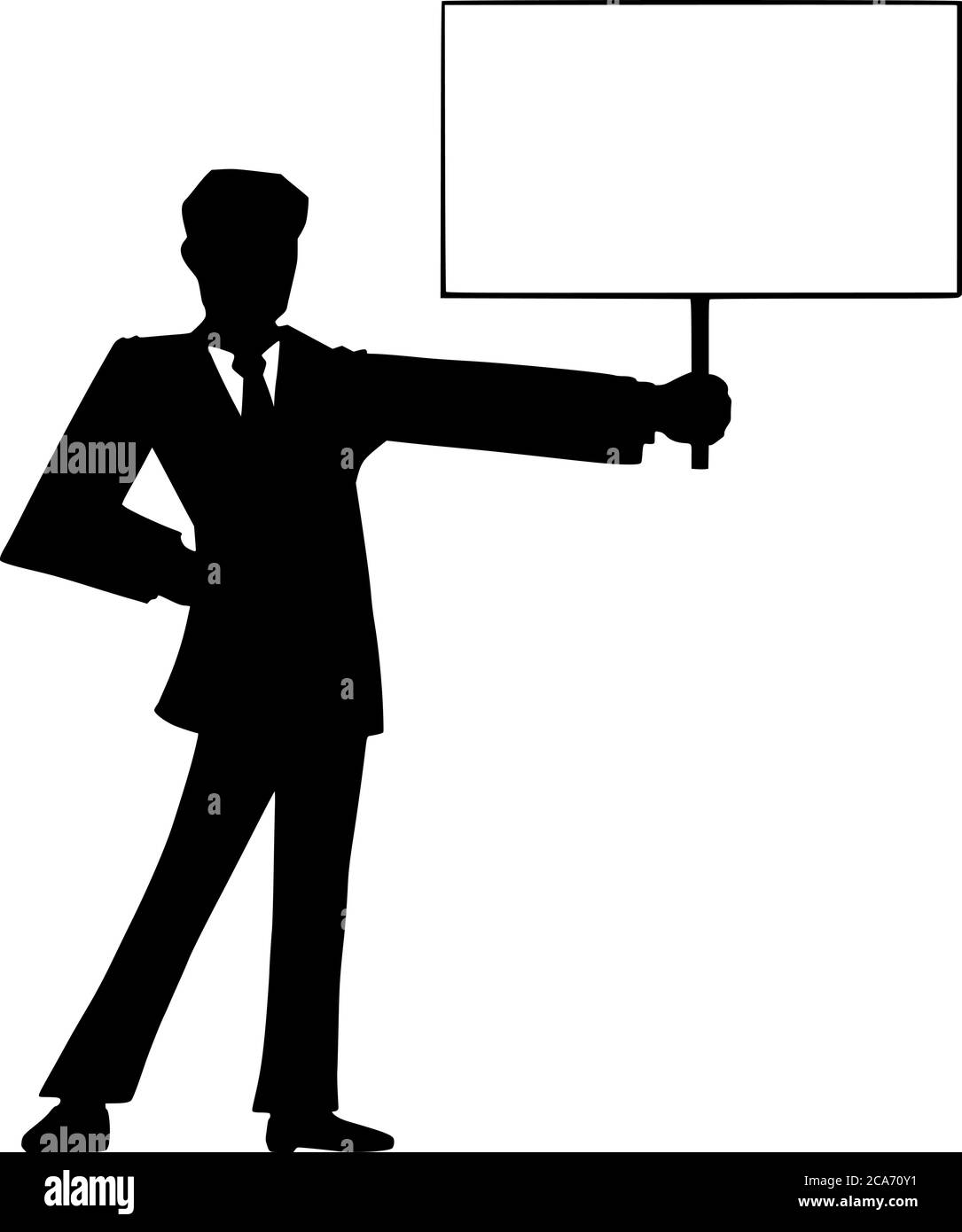 Vector cartoon figure drawing conceptual illustration of black silhouette of man in suit or businessman holding empty sign ready for your text. Stock Vector