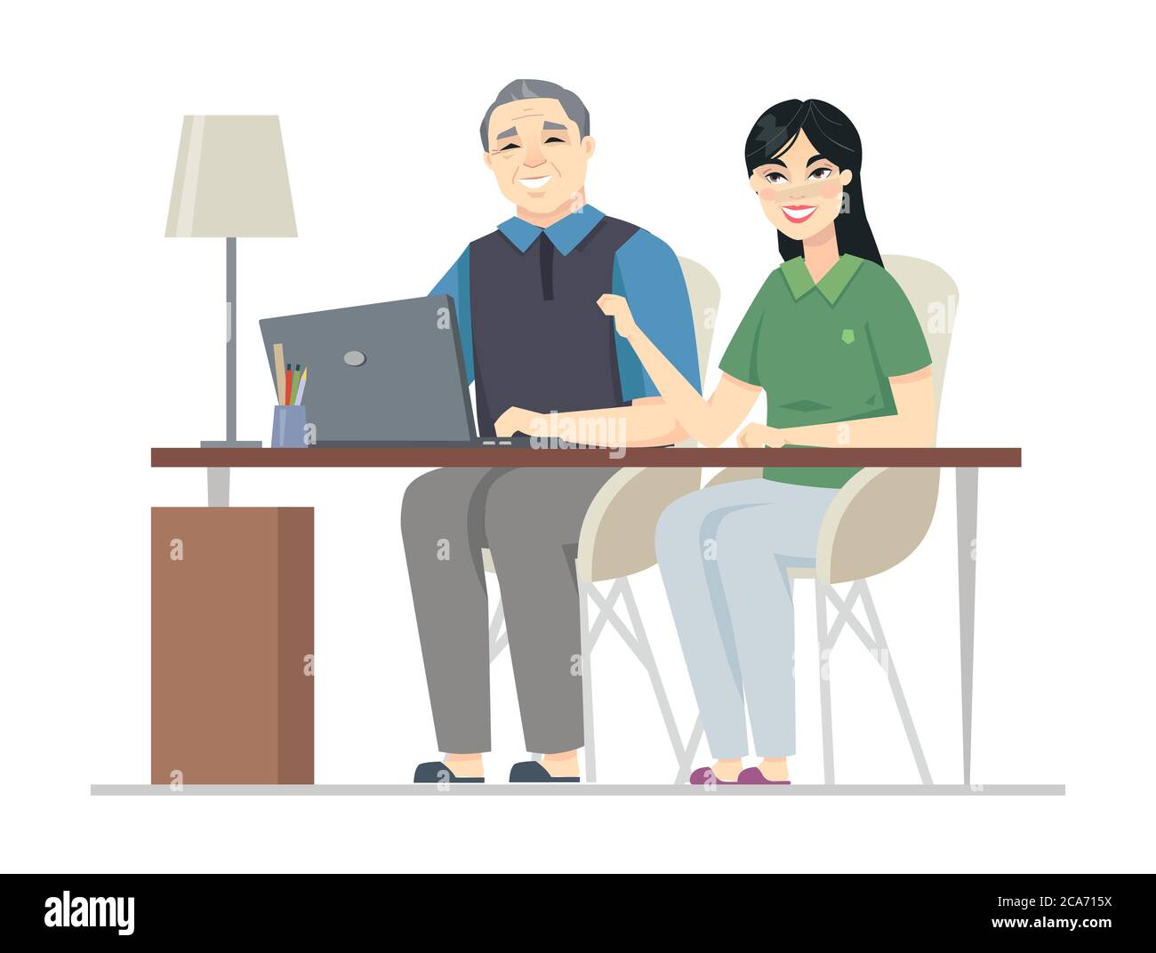 Senior Chinese man at the computer - flat design style illustration Stock Vector