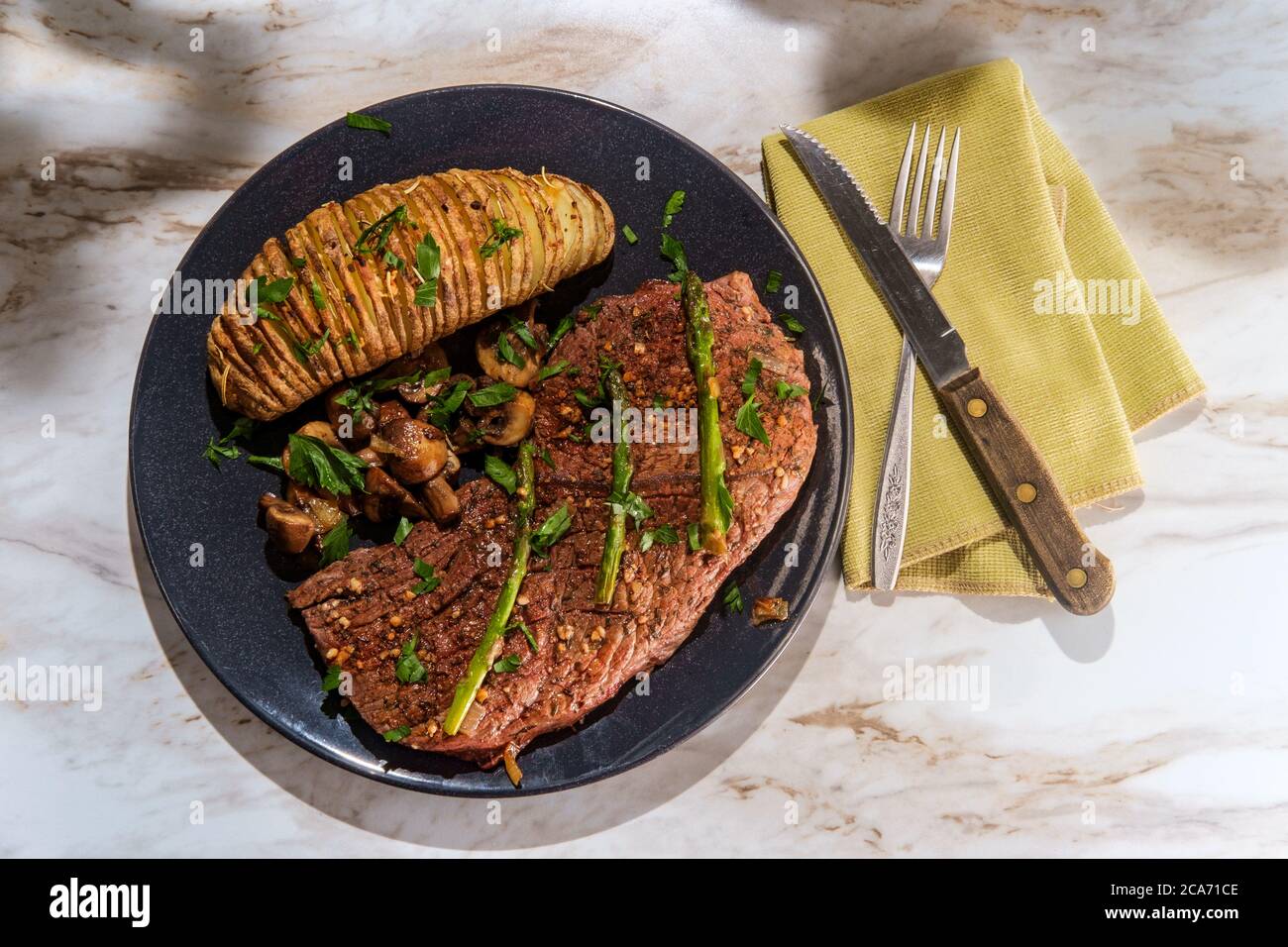 Sirloin tip steak with potato a la hasselbacken mushrooms and asparagus