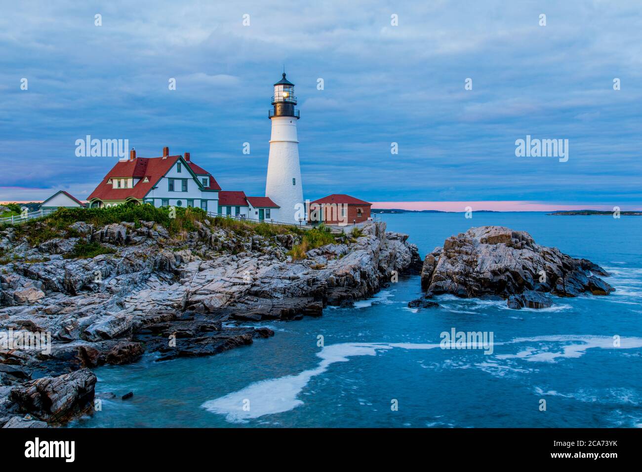 Portland Head Lighthouse at Fort Williams Park, Cape Elizabeth, Maine just before sunset. Stock Photo