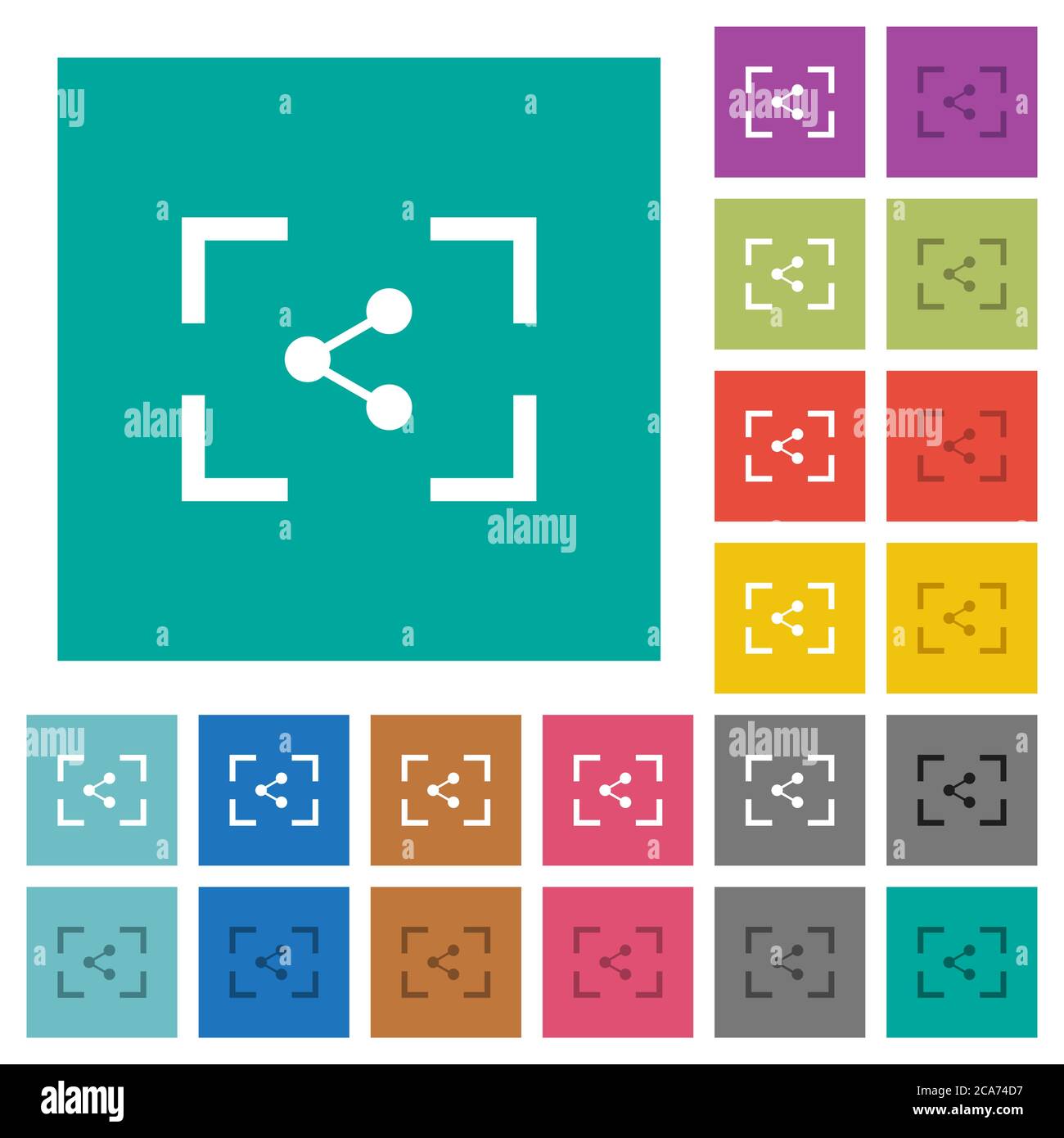 Camera share image multi colored flat icons on plain square backgrounds. Included white and darker icon variations for hover or active effects. Stock Vector