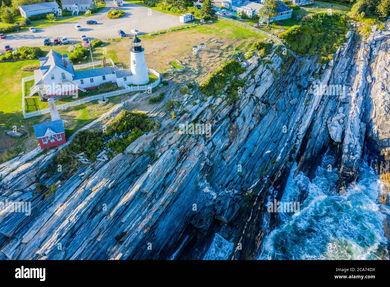 Aerial view of Pemaquid Point Light, a lighthouse located near Bristol, Maine, at the tip of the