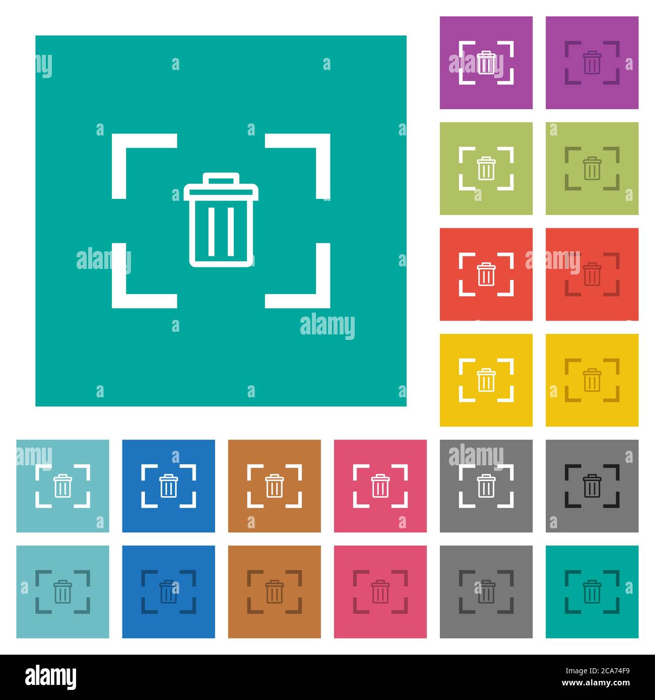 Delete image from camera multi colored flat icons on plain square backgrounds. Included white and darker icon variations for hover or active effects. Stock Vector