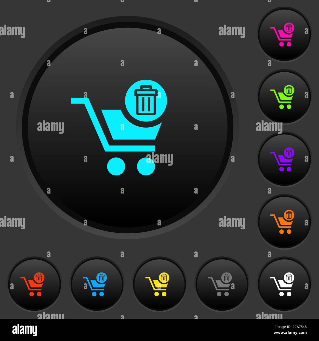 Delete from cart dark push buttons with vivid color icons on dark grey ...