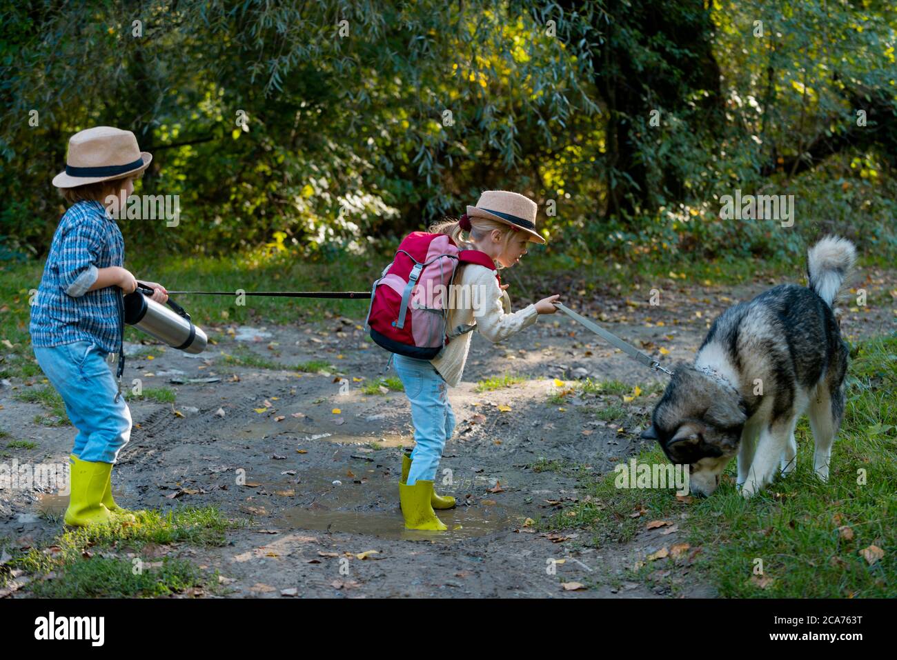 Little brother and sister walk with puppy. Childhood memories. Adventure and vacations children concept. Love kids concept. Stock Photo