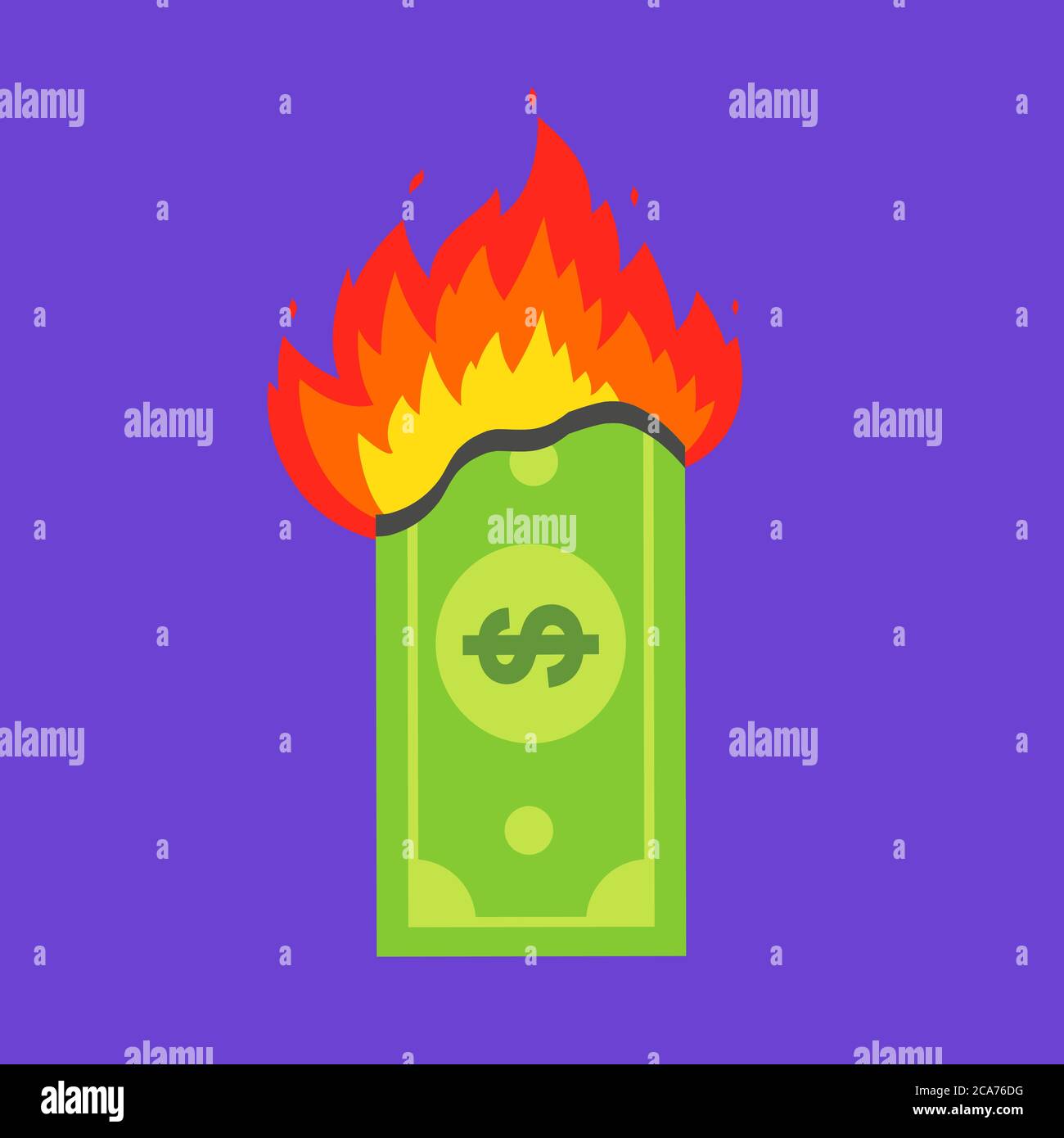 green dollar bill burns. financial crisis. flat vector illustration ...