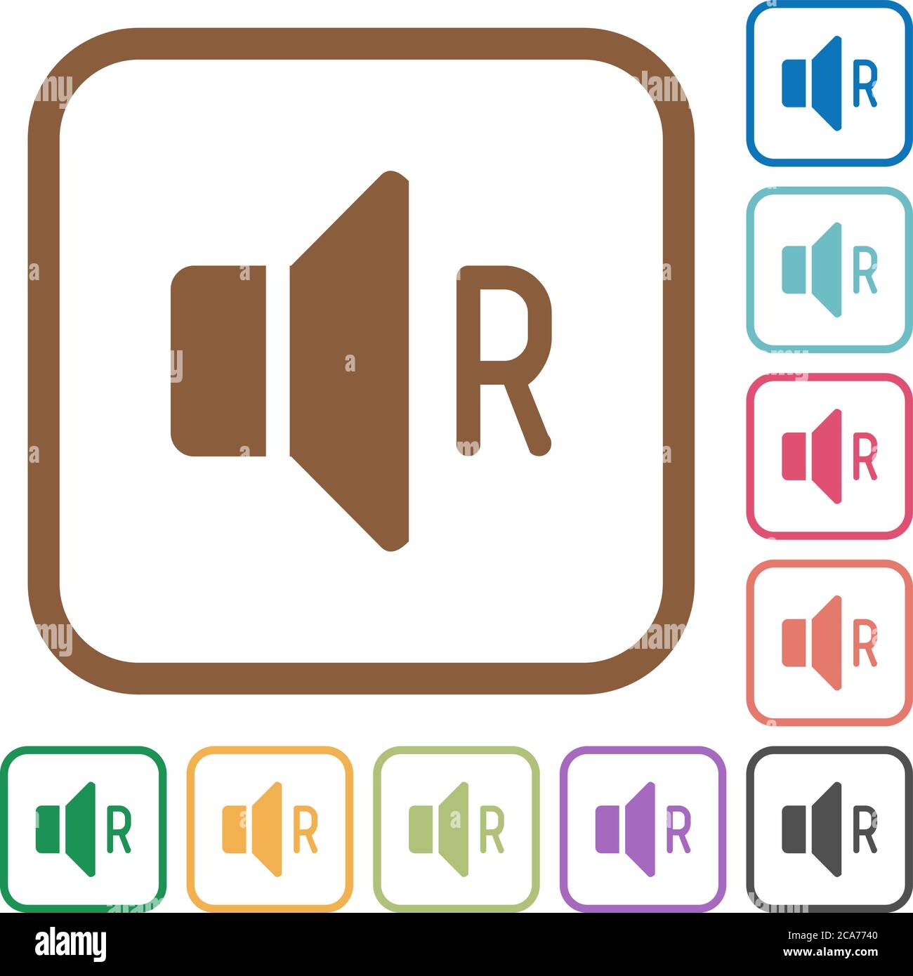 Right audio channel simple icons in color rounded square frames on ...