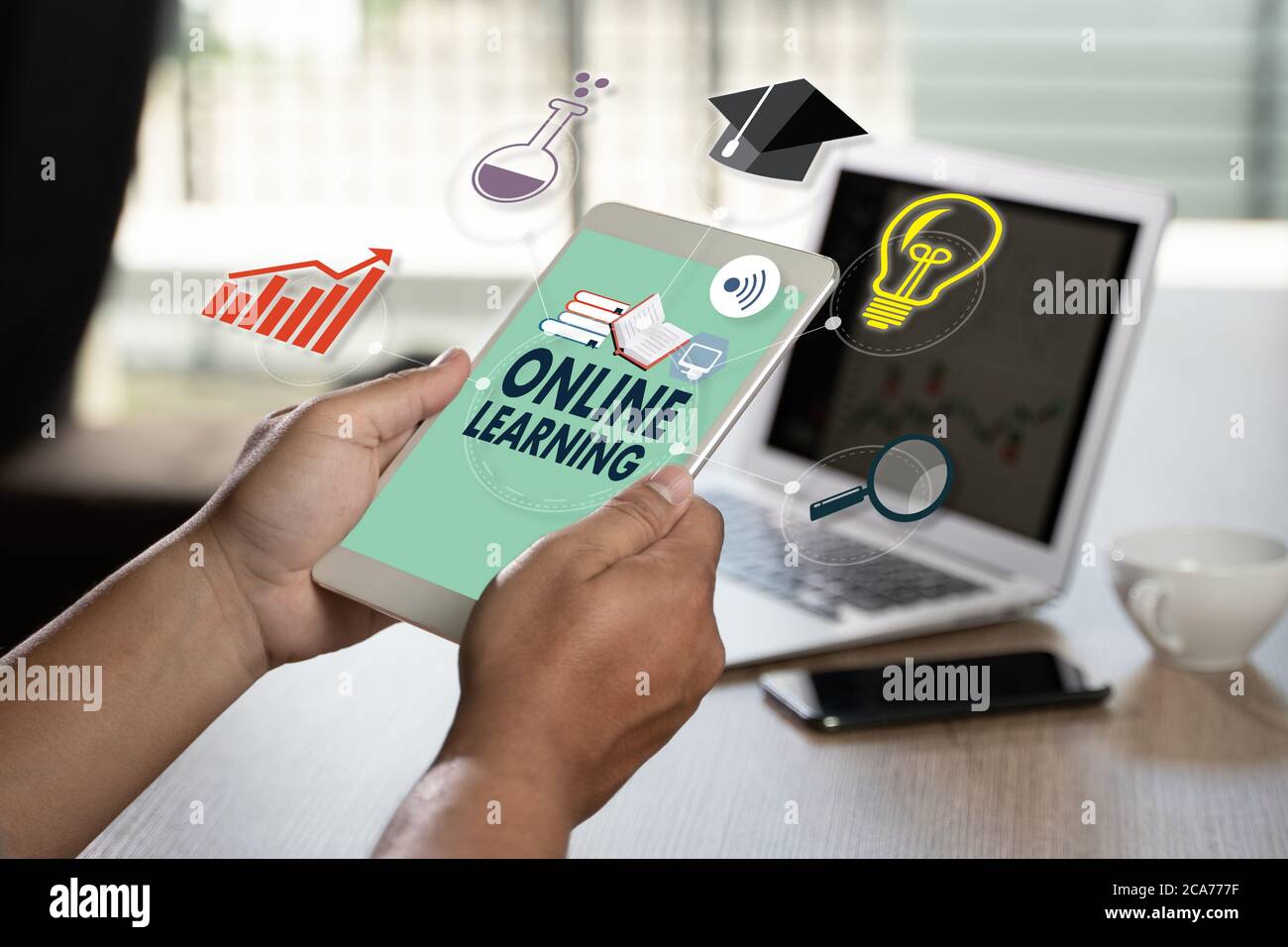 man ONLINE LEARNING Learning Global Connectivity in home Stock Photo ...