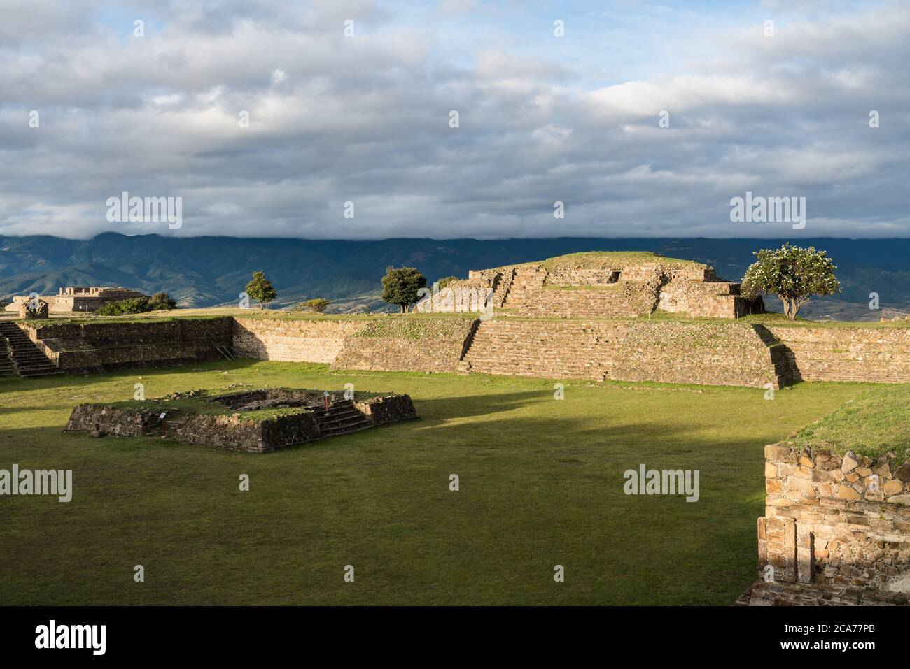 The Sunken Plaza and Building B on the North Platform of the pre-Columbian Zapotec ruins of Monte Alban in Oaxaca, Mexico.  A UNESCO World Heritage Si Stock Photo