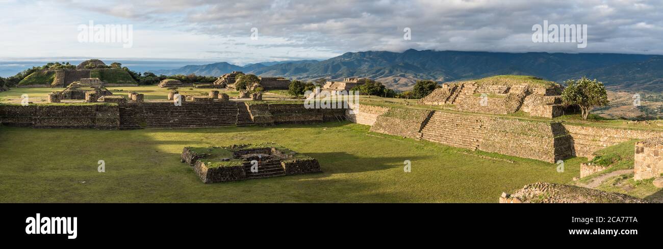 The Sunken Patio and Main Plaza in the pre-Columbian Zapotec ruins of Monte Alban in Oaxaca, Mexico.  A UNESCO World Heritage Site. Stock Photo