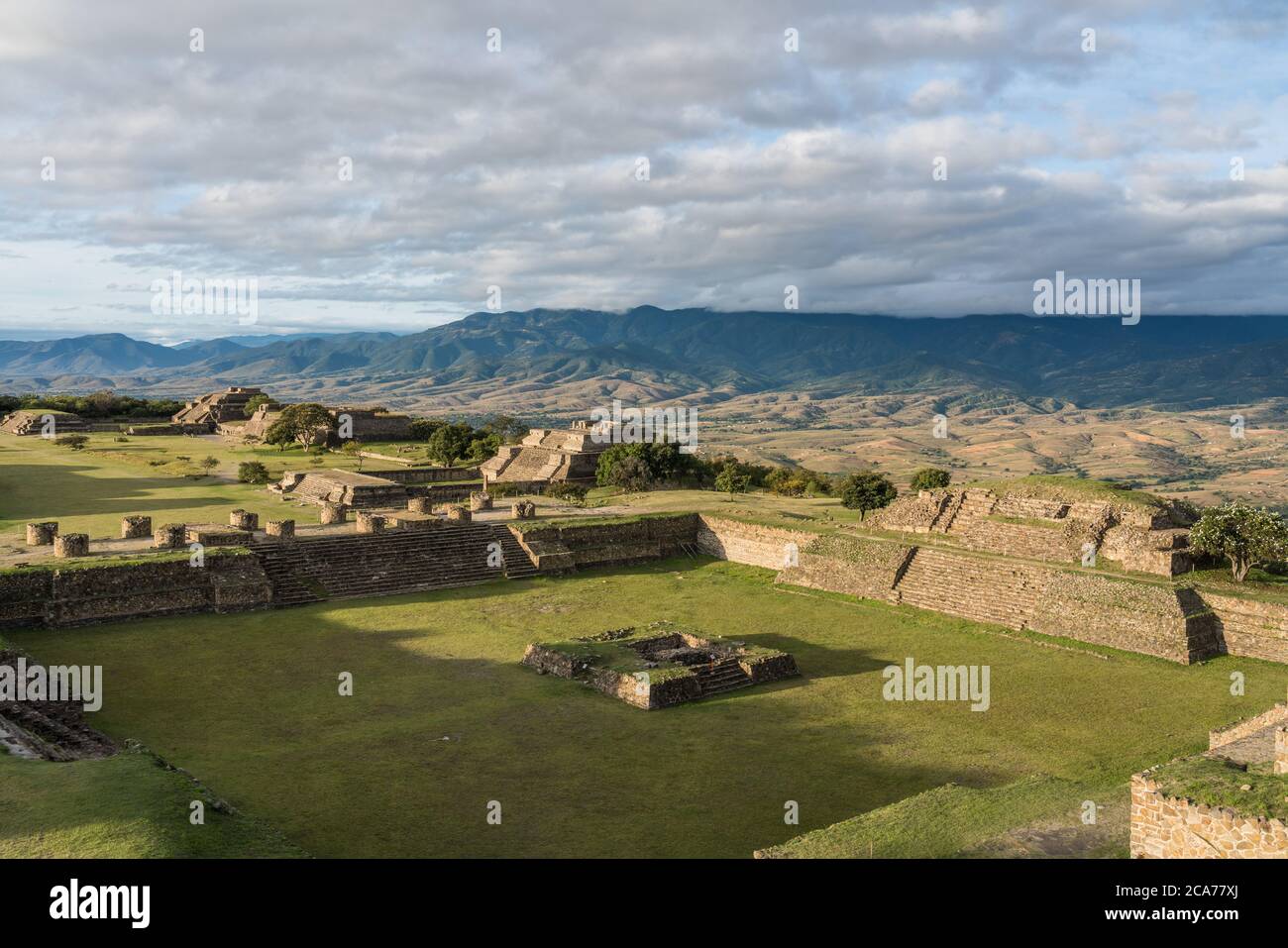 The Sunken Plaza and Building B on the North Platform of the pre-Columbian Zapotec ruins of Monte Alban in Oaxaca, Mexico.  A UNESCO World Heritage Si Stock Photo