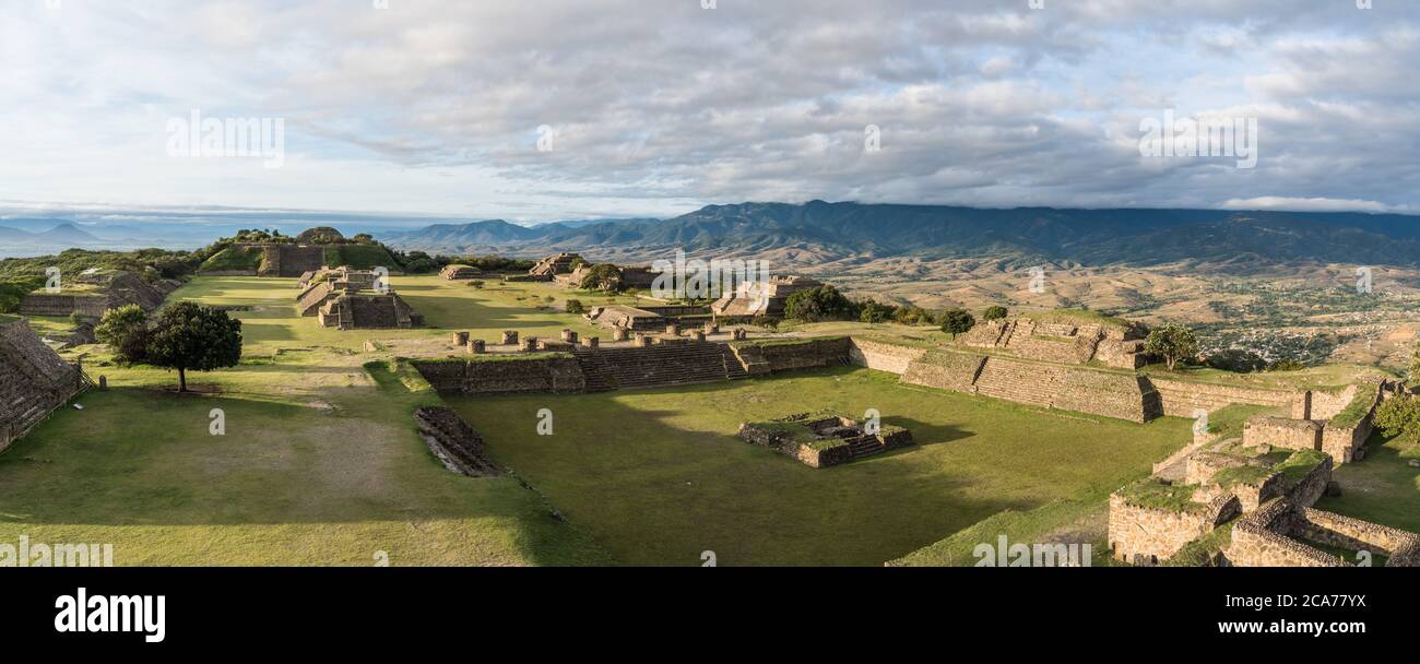 The Sunken Patio and Main Plaza in the pre-Columbian Zapotec ruins of Monte Alban in Oaxaca, Mexico.  A UNESCO World Heritage Site. Stock Photo