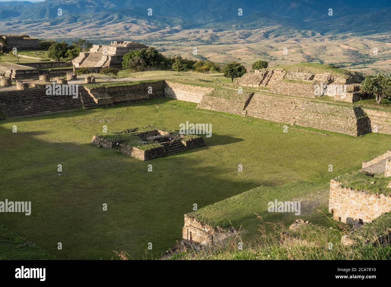 The Sunken Plaza with its altar on the North Platform of the pre-Columbian Zapotec ruins of Monte Alban in Oaxaca, Mexico.  A UNESCO World Heritage Si Stock Photo