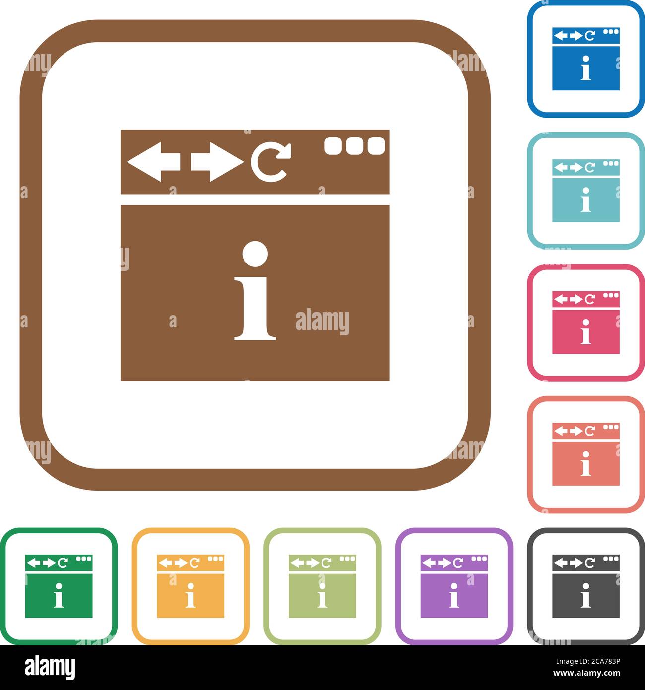 Browser info simple icons in color rounded square frames on white background Stock Vector