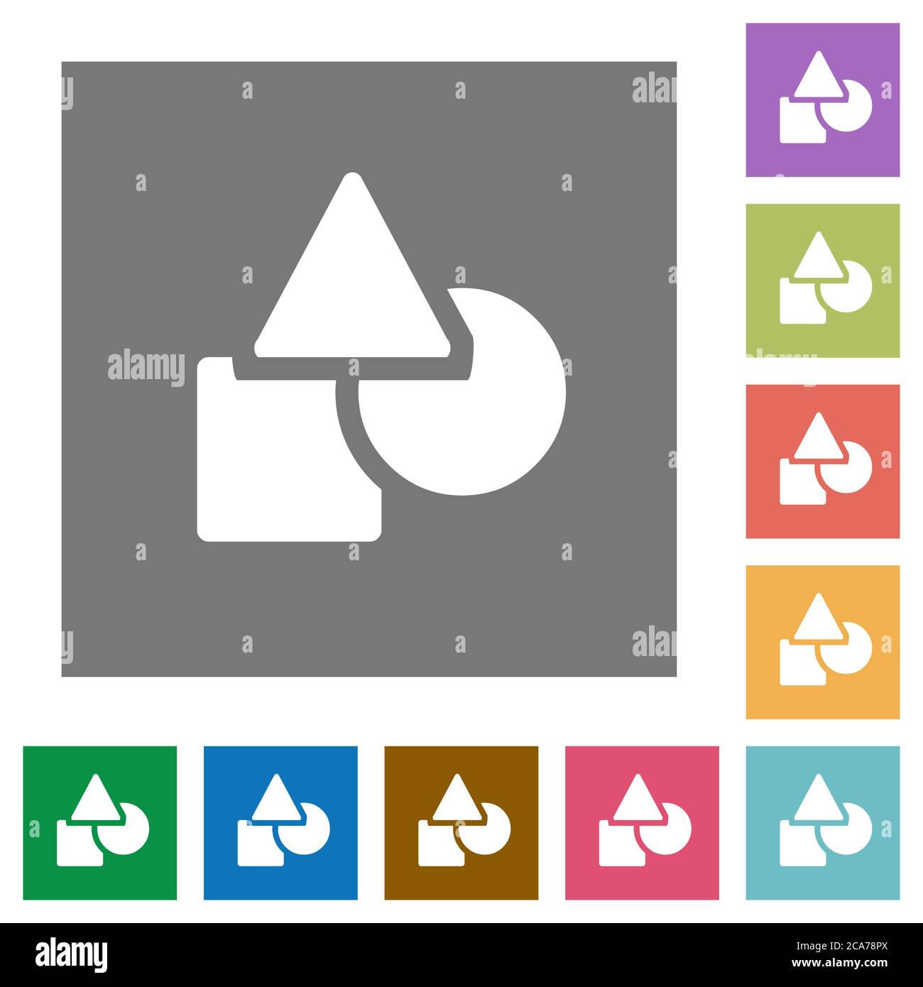 Basic geometric shapes flat icons on simple color square backgrounds Stock Vector