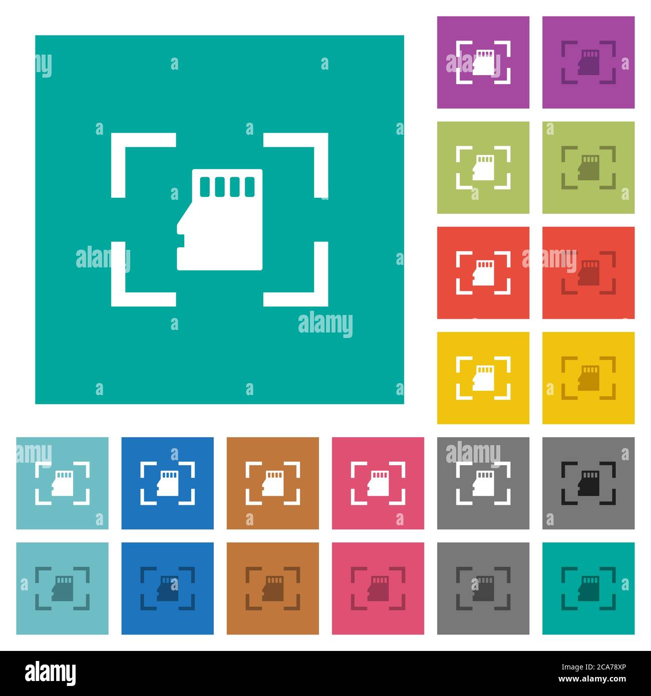 Camera memory card multi colored flat icons on plain square backgrounds. Included white and darker icon variations for hover or active effects. Stock Vector