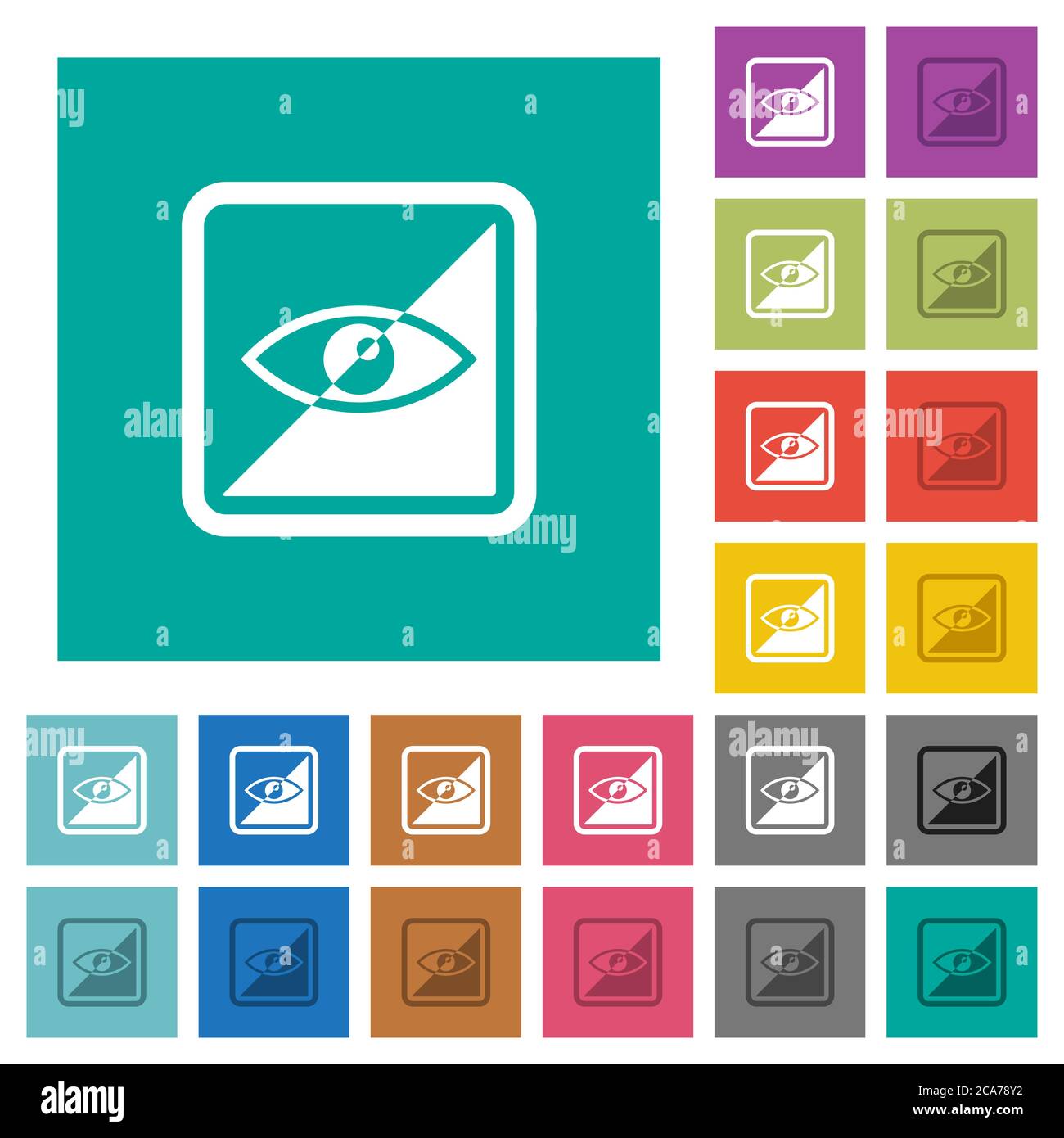 Invert object multi colored flat icons on plain square backgrounds. Included white and darker icon variations for hover or active effects. Stock Vector