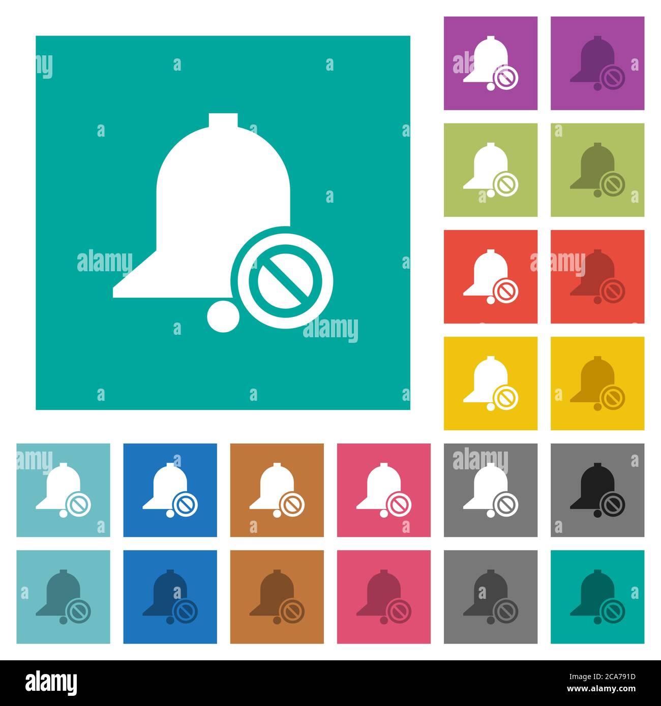 Disable reminder multi colored flat icons on plain square backgrounds. Included white and darker icon variations for hover or active effects. Stock Vector