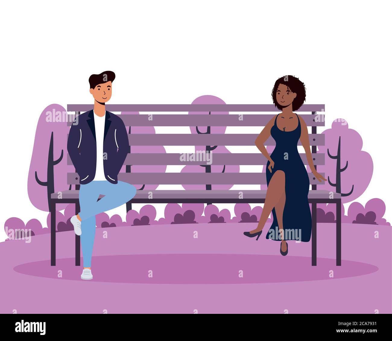 interracial young couple lovers in the park chair avatars characters ...