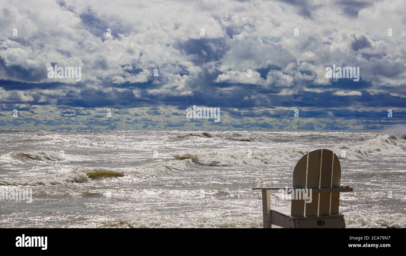 Wind advisory brings rough surf to Lake Michigan's Illinois shore on a summer day. Stock Photo
