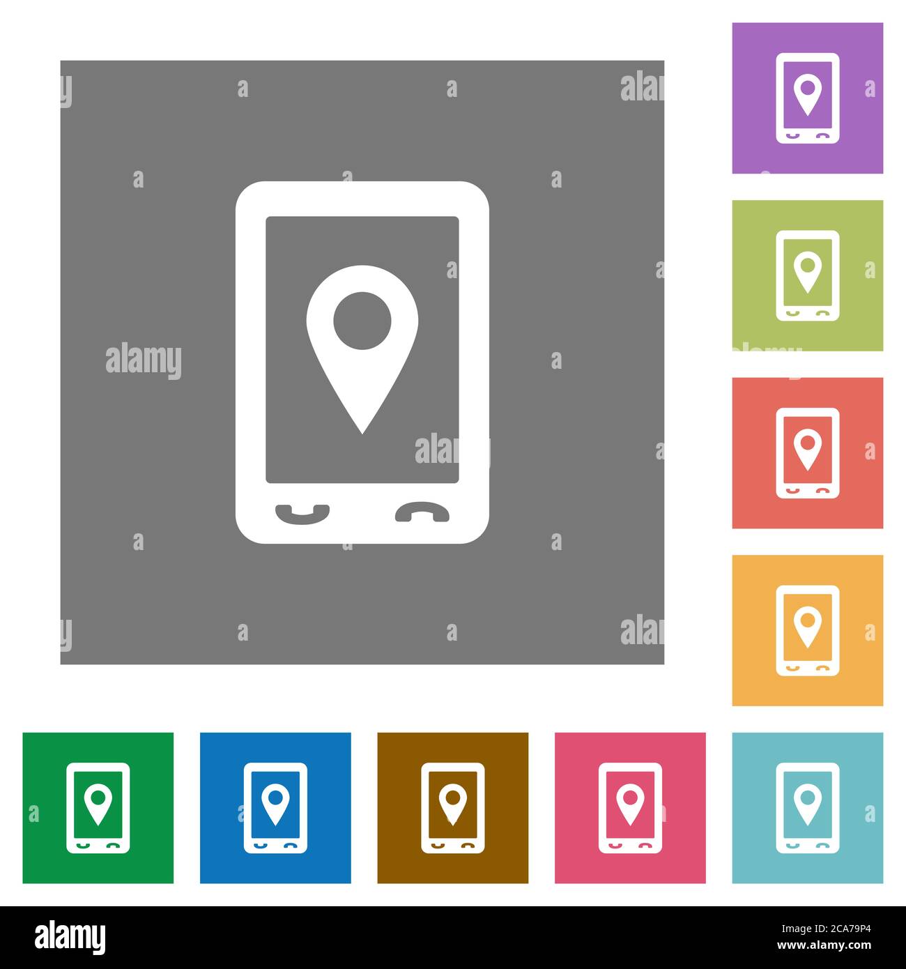 Mobile navigation flat icons on simple color square backgrounds Stock Vector