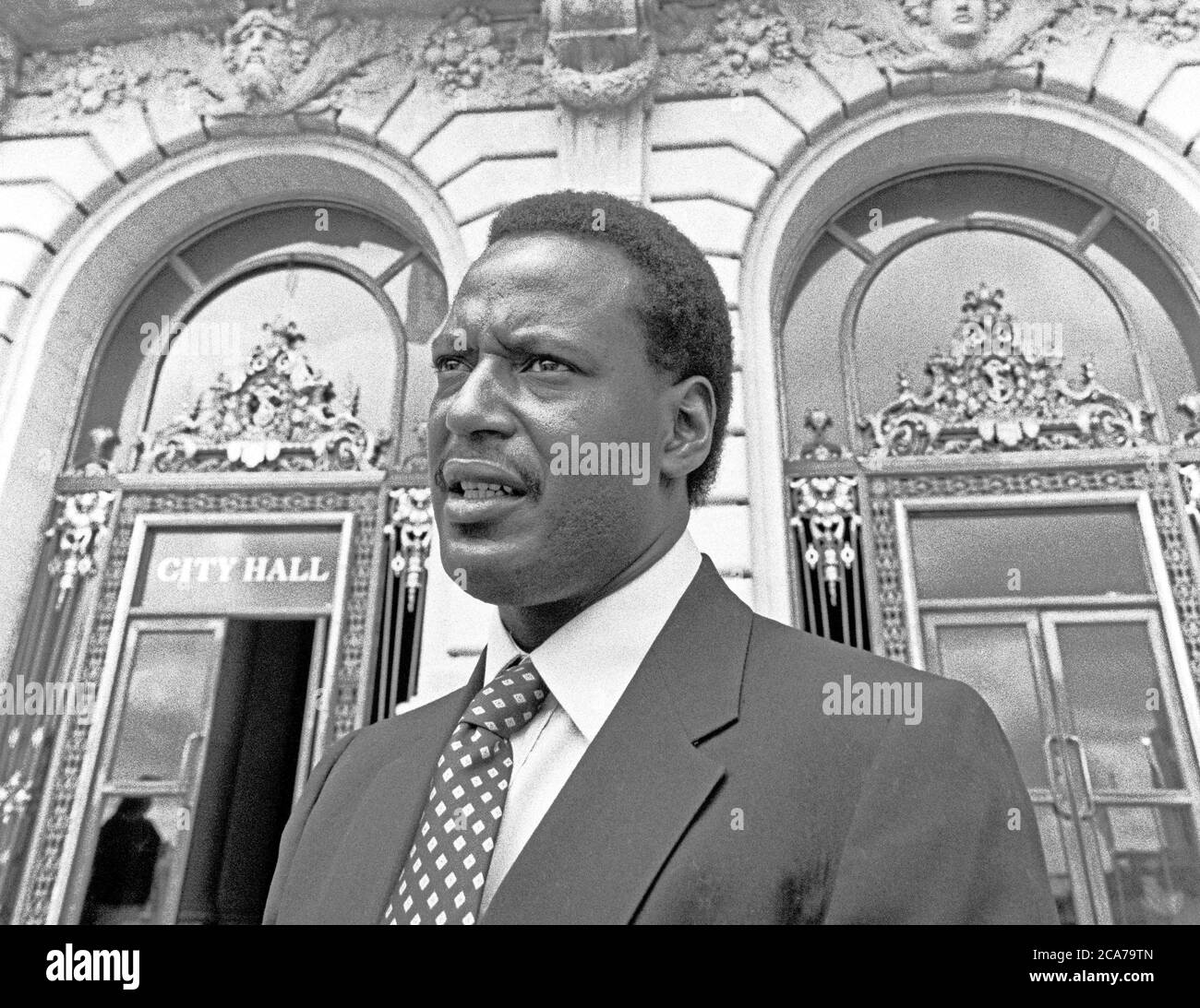 James Warren, the Socialist Workers Party candidate to be the President of the United States, campaigns in front of San Francisco's City Hall in June, 1988 Stock Photo