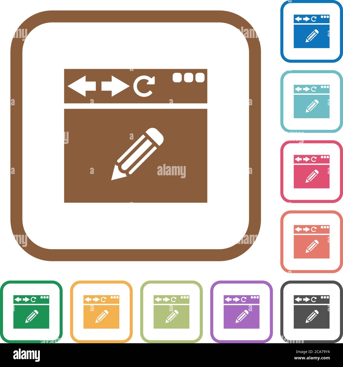 Browser edit simple icons in color rounded square frames on white background Stock Vector