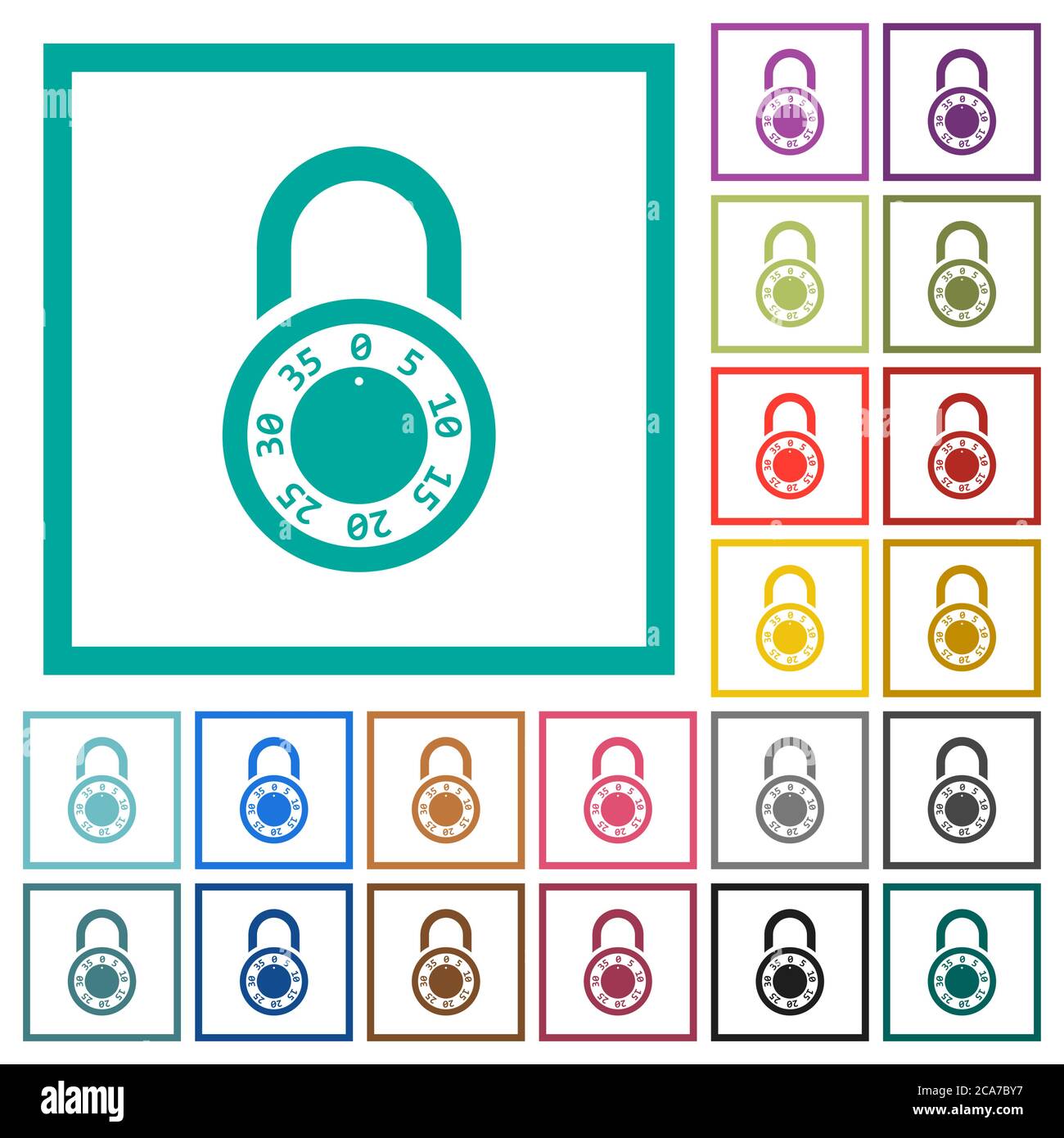 Locked round combination lock flat color icons with quadrant frames on ...