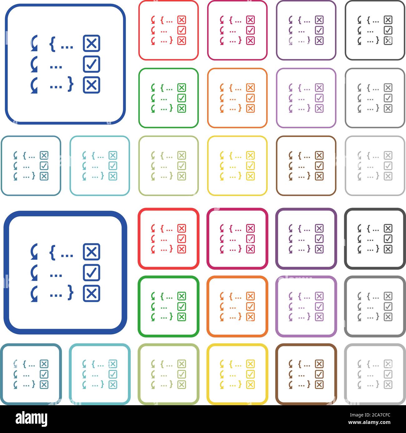 Debugging program color flat icons in rounded square frames. Thin and thick versions included. Stock Vector