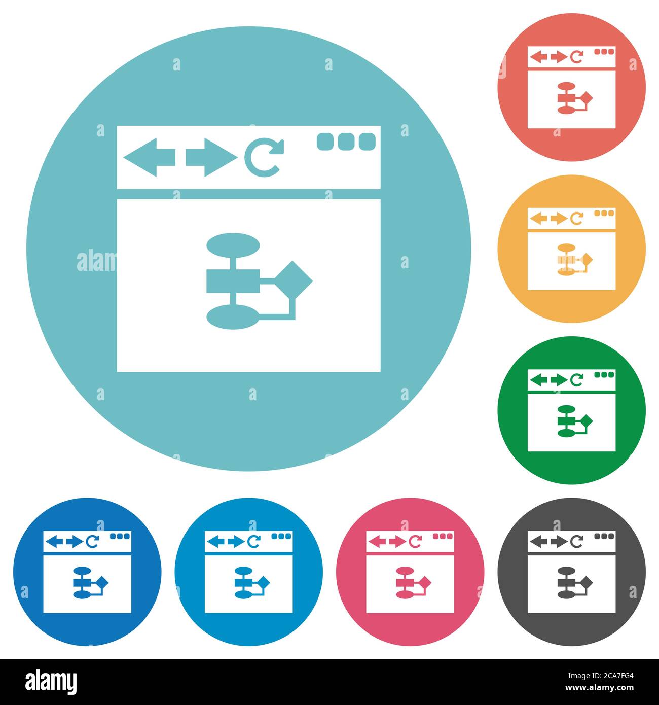 Browser flow chart flat white icons on round color backgrounds Stock Vector