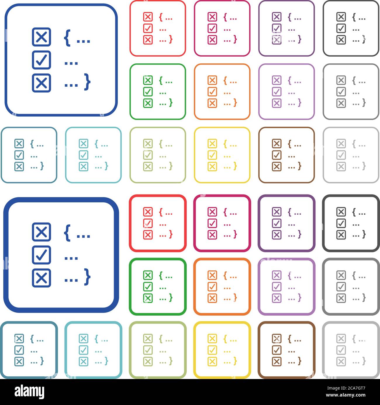 Source code checking color flat icons in rounded square frames. Thin ...