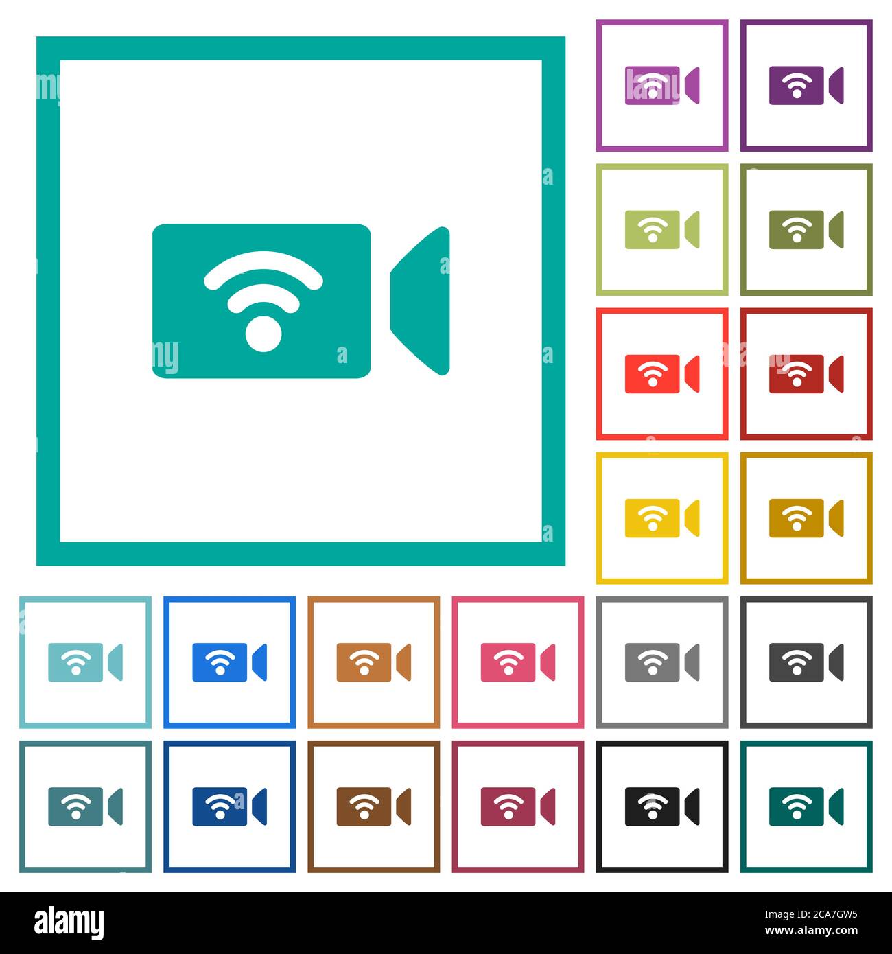 Wireless camera flat color icons with quadrant frames on white background Stock Vector
