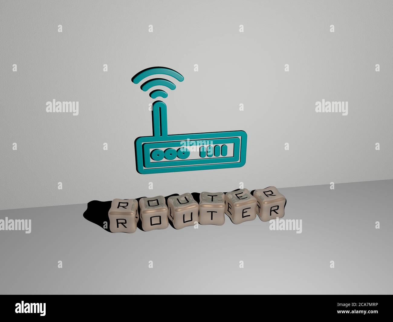 3D representation of ROUTER with icon on the wall and text arranged by ...