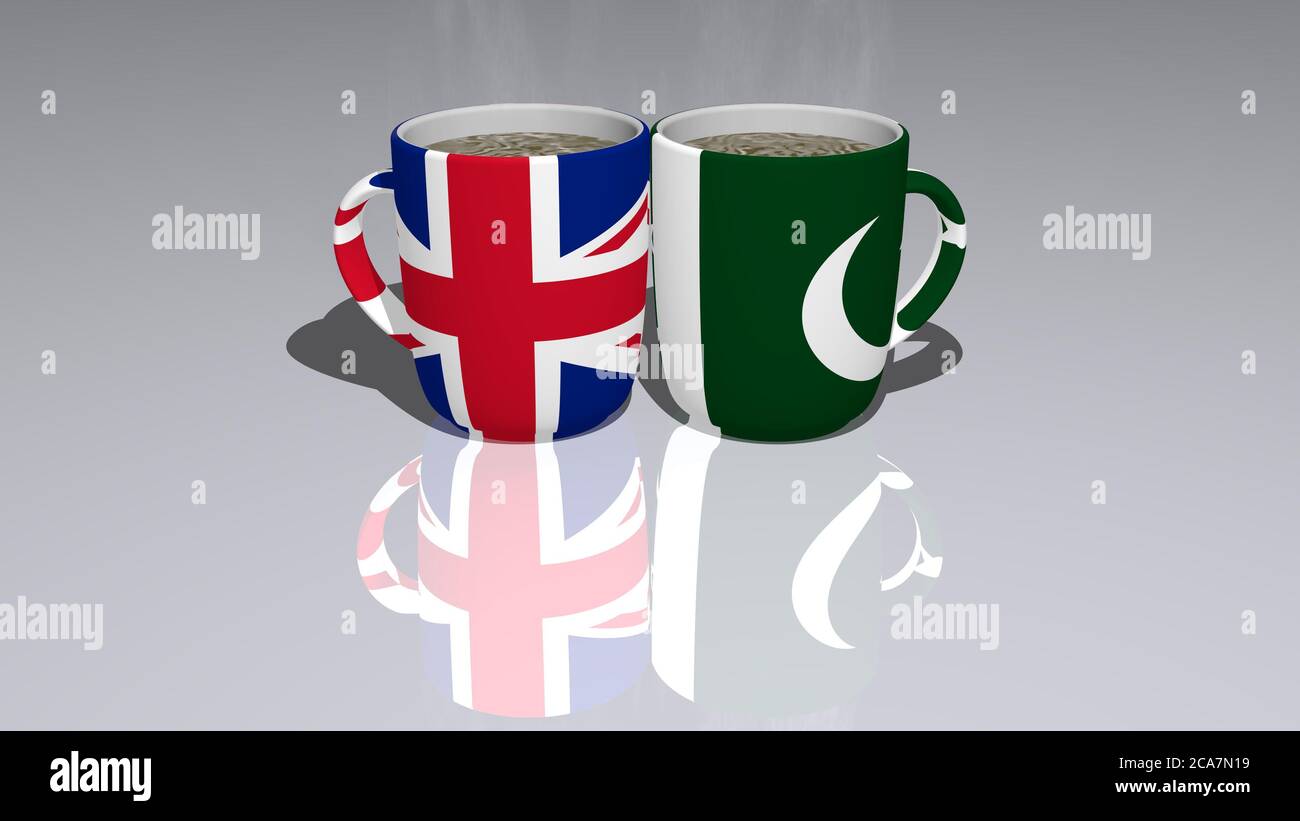 UNITED-KINGDOM PAKISTAN placed on a cup of hot coffee mirrored on the floor in a 3D illustration with realistic perspective and shadows Stock Photo