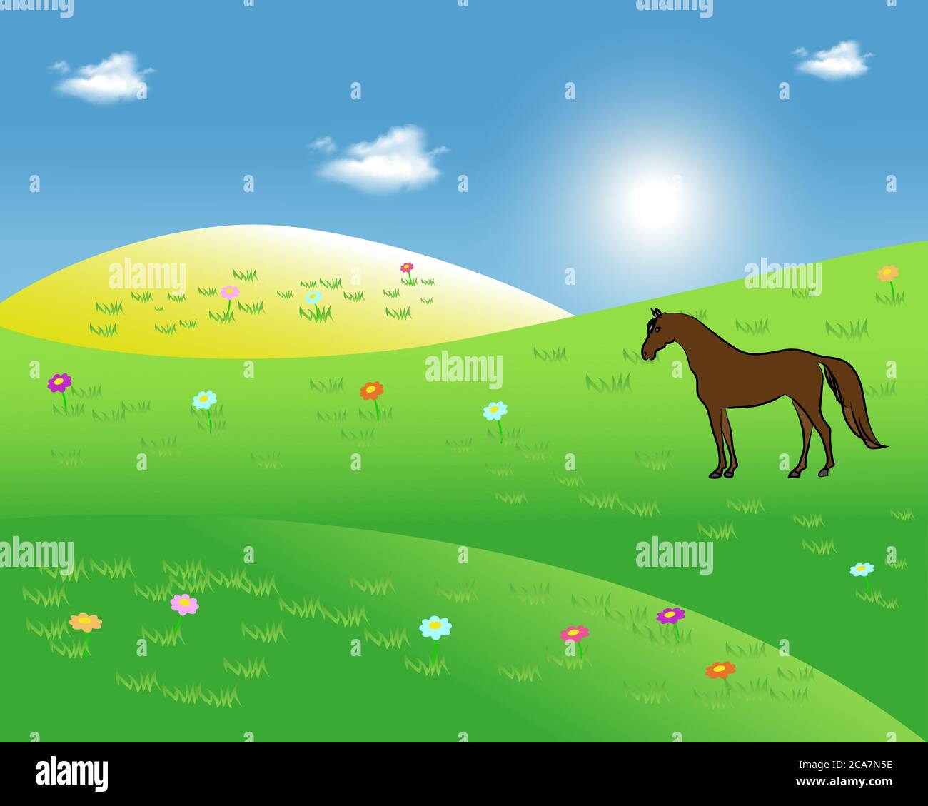 Landscape with horses and clouds. Horse silhouette on grassland in the rolling hills illustration in the flat style. Stock Vector