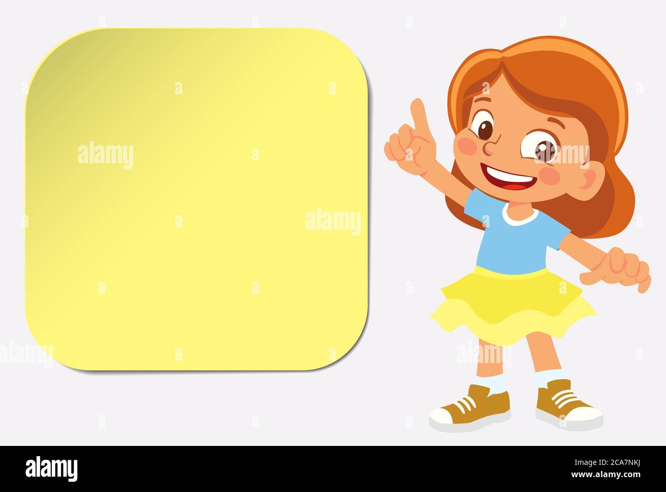Smiling girl points finger. Children infographics with sticker Stock ...