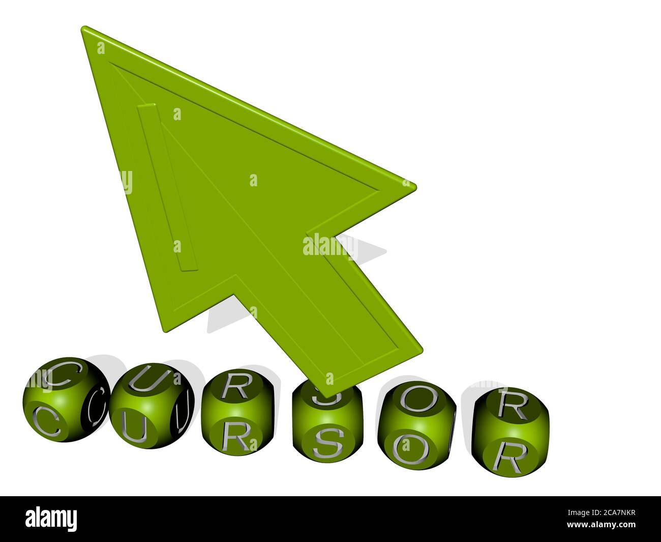 3D illustration of cursor graphics and text made by metallic dice ...