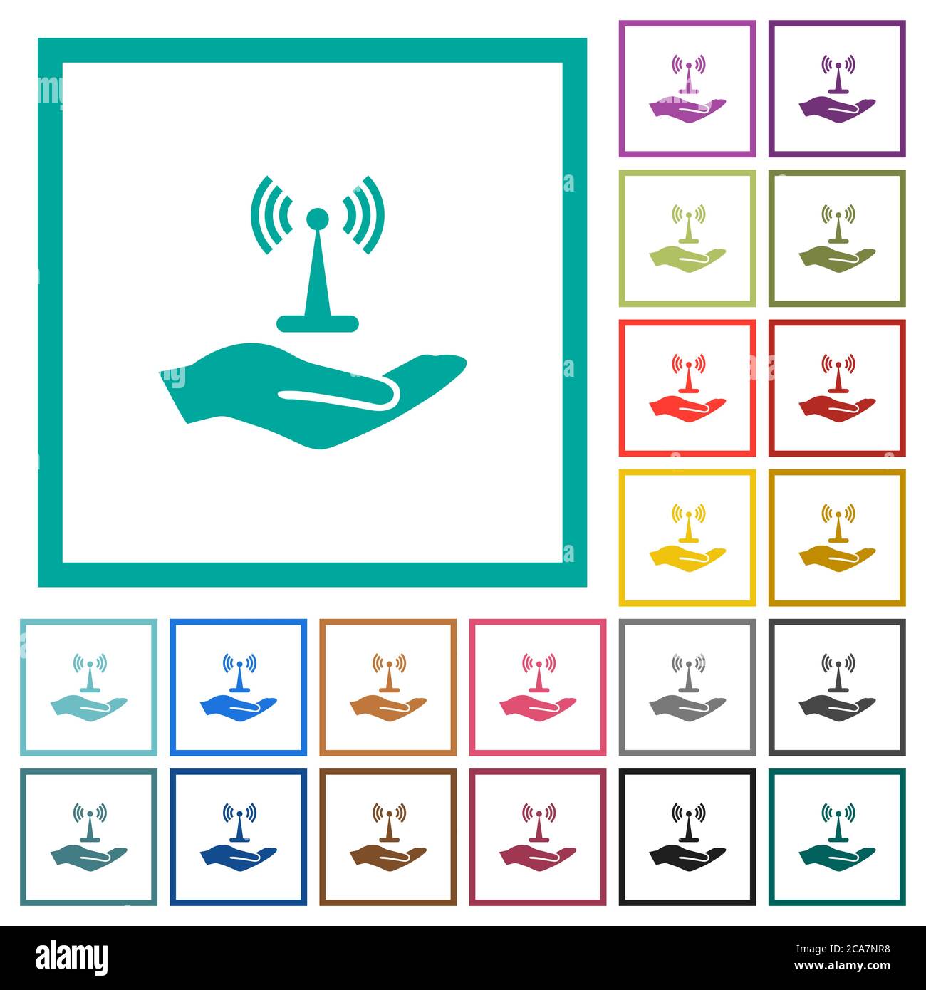 Sharing wireless network flat color icons with quadrant frames on white ...