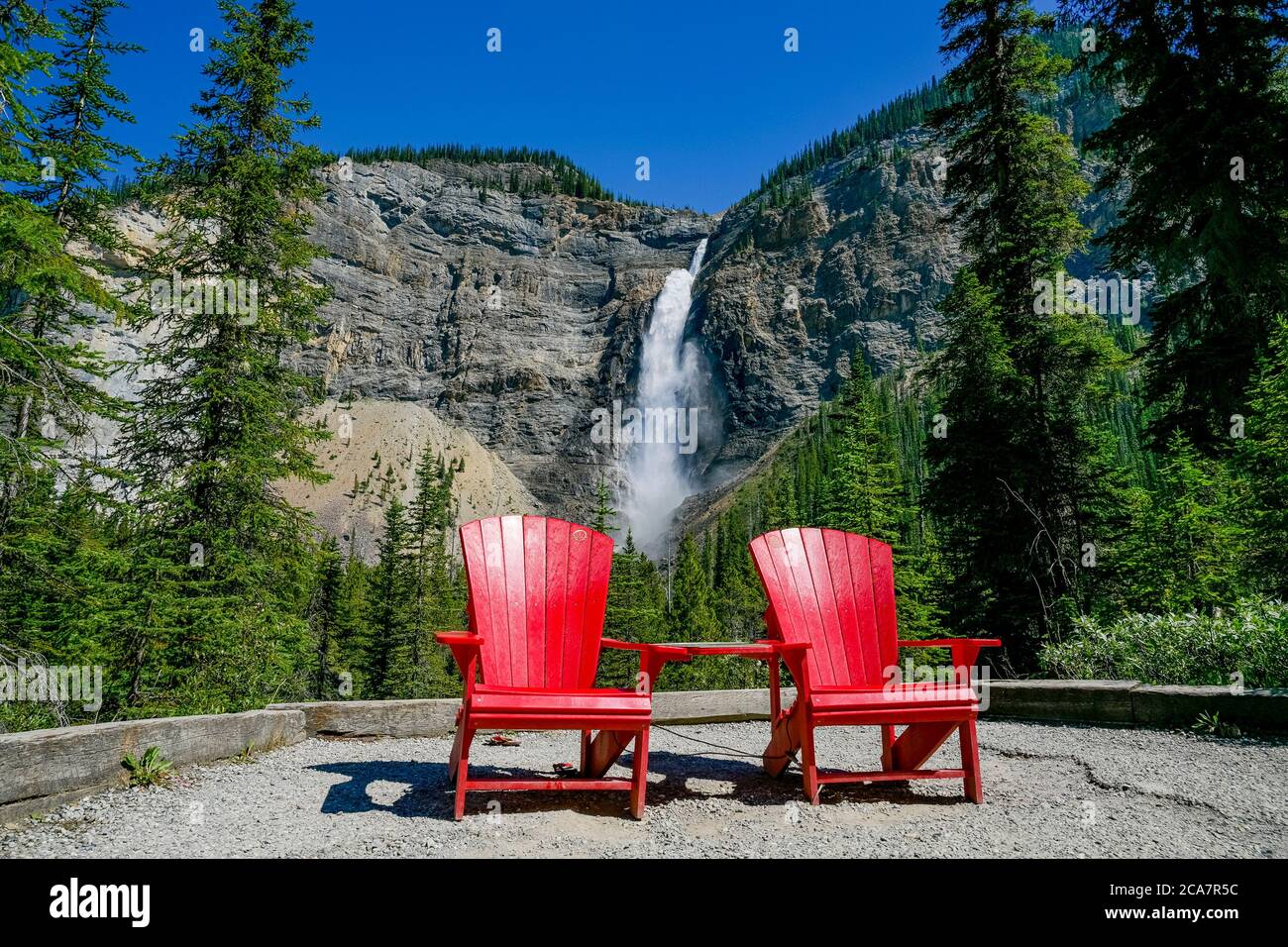 Parks Canada red chairs, Takakkaw Falls, Yoho National Park, British