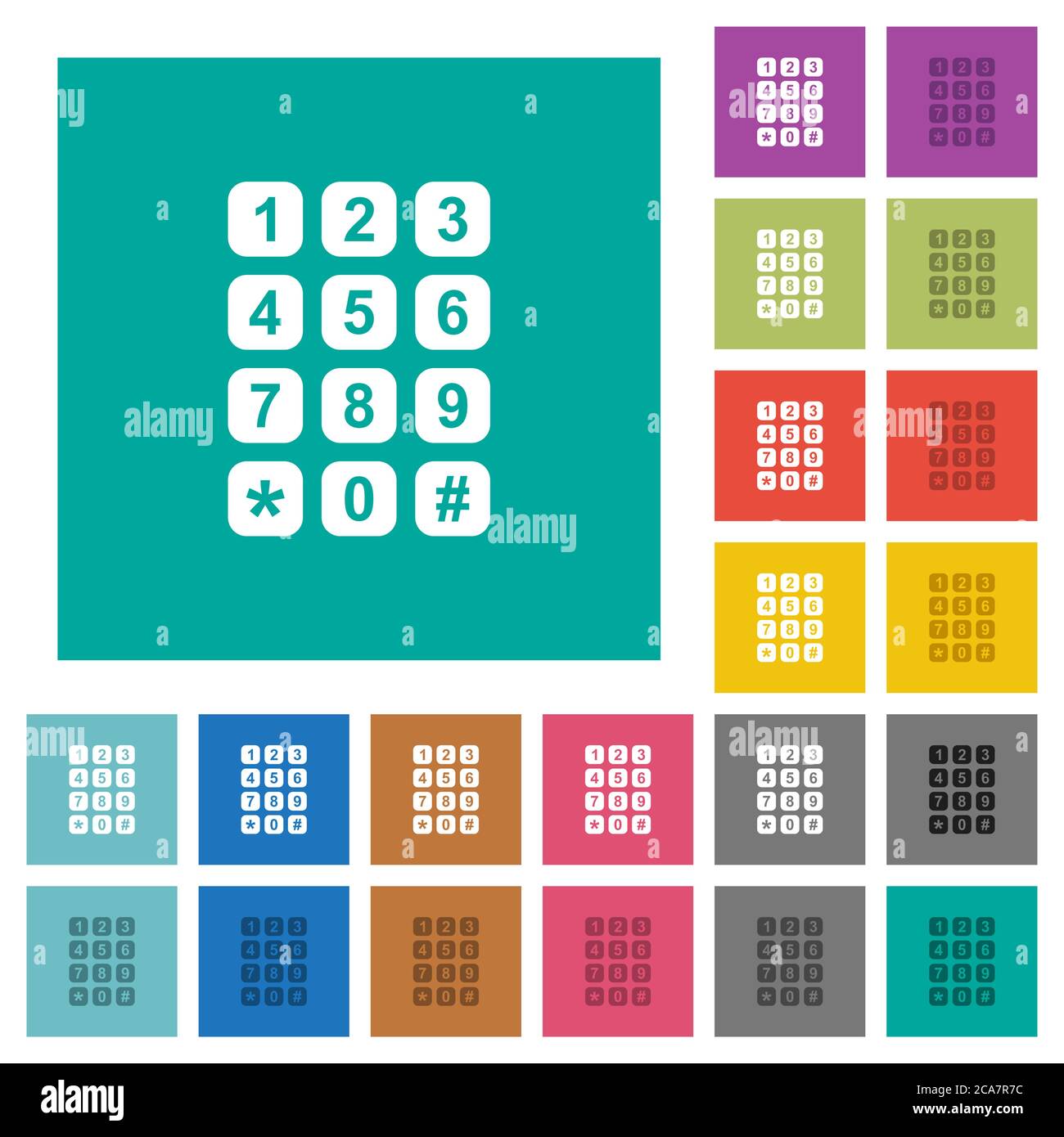 Numeric keypad multi colored flat icons on plain square backgrounds. Included white and darker icon variations for hover or active effects. Stock Vector