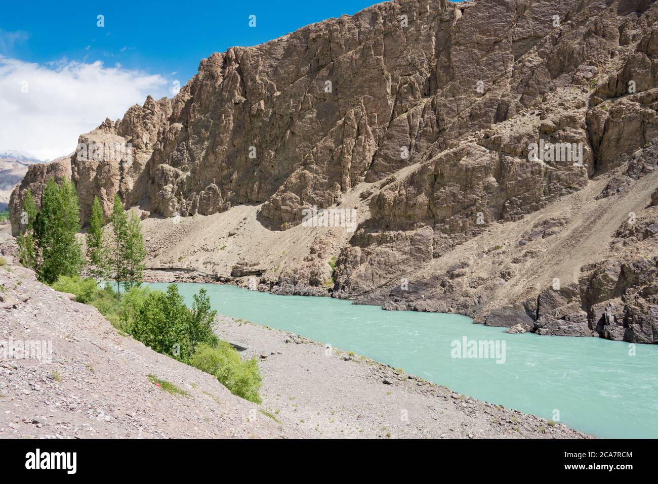 Ladakh, India - Indus River view from  Alchi Monastery (Alchi Gompa) in Ladakh, Jammu and Kashmir, India. Stock Photo