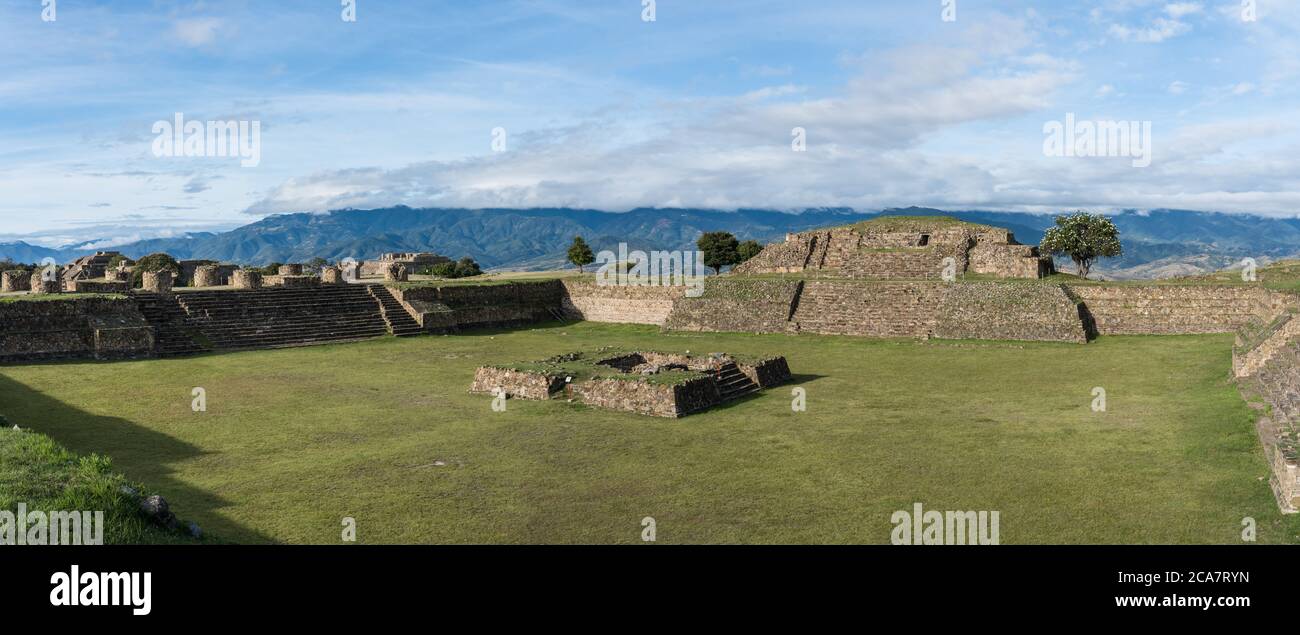 The Sunken Plaza with its altar and Building B on the North Platform of the pre-Columbian Zapotec ruins of Monte Alban in Oaxaca, Mexico.  A UNESCO Wo Stock Photo