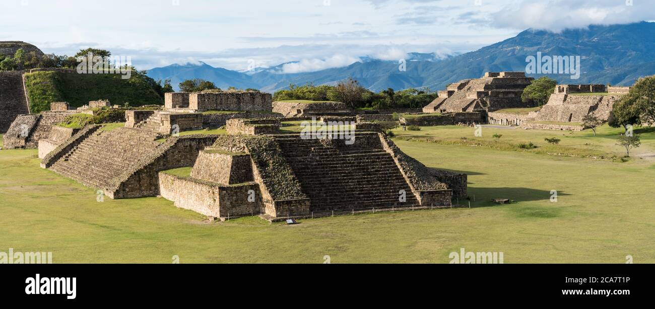 A view of the pyramids in the center of the Main Plaza, South Platform, Group M and Building L from the North Platform of the pre-Columbian Zapotec ru Stock Photo