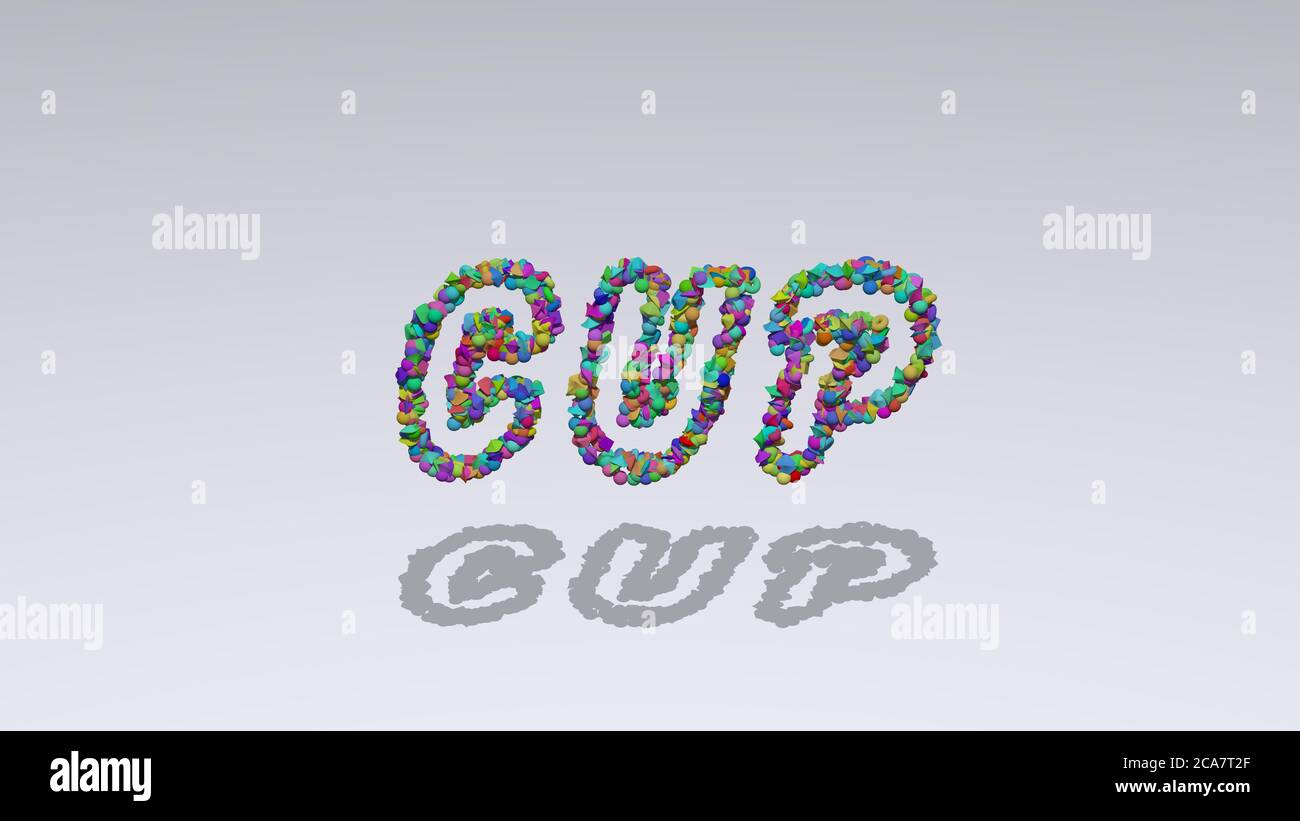 cup: 3D illustration of the text made of small objects over a white ...