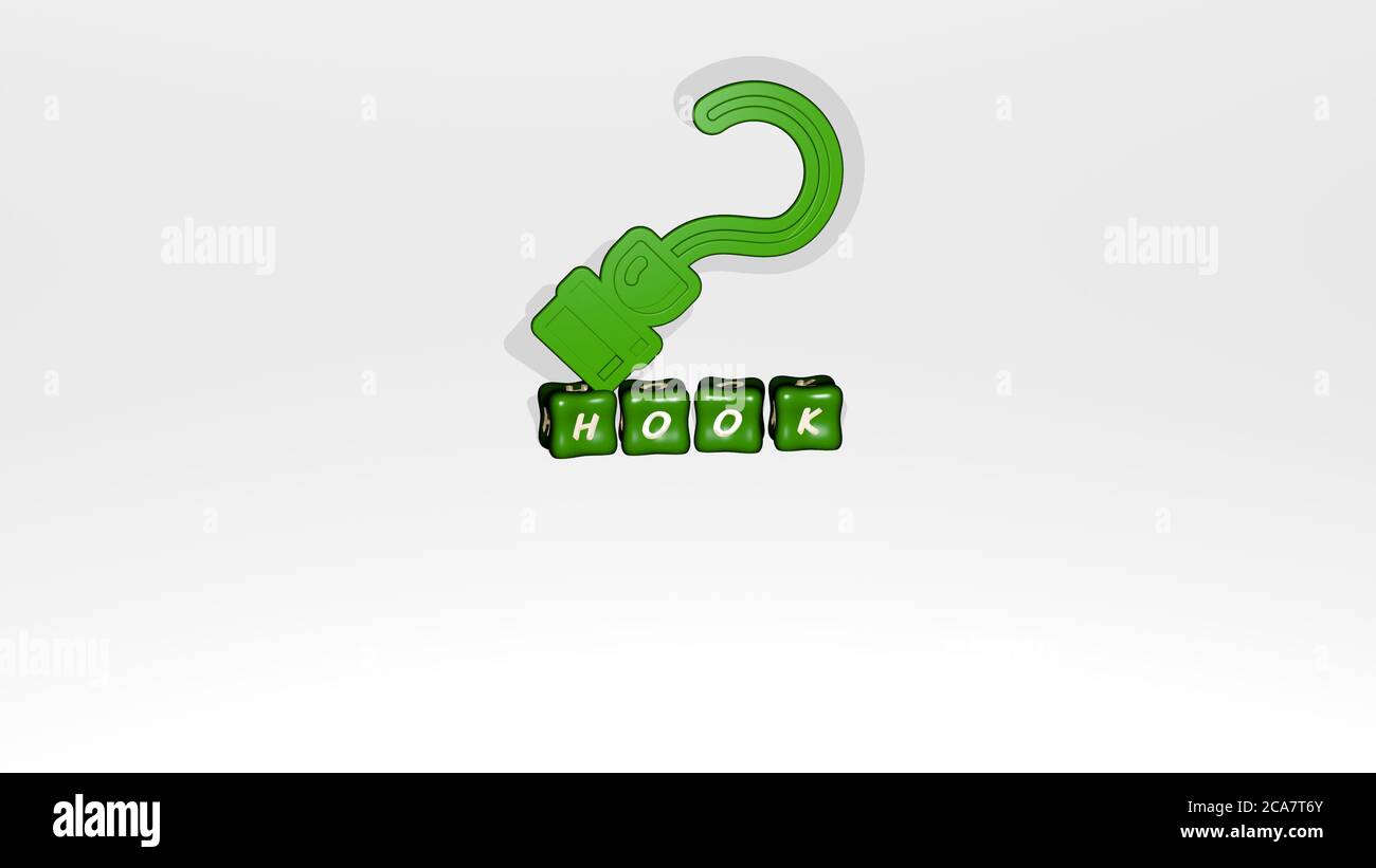 3D graphical image of hook vertically along with text built by metallic ...
