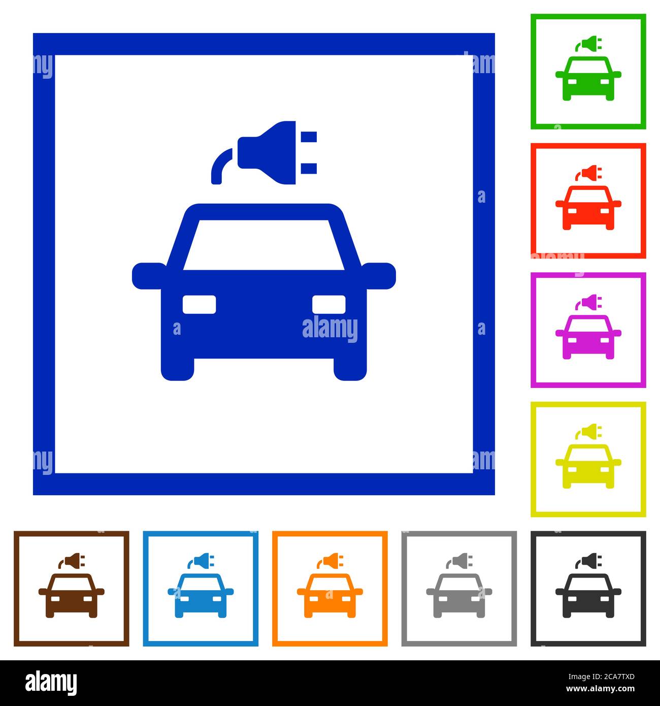 Electric car with connector flat color icons in square frames on white background Stock Vector