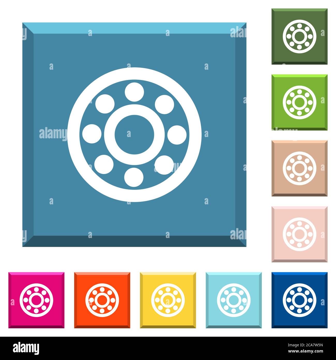 Bearings white icons on edged square buttons in various trendy colors ...