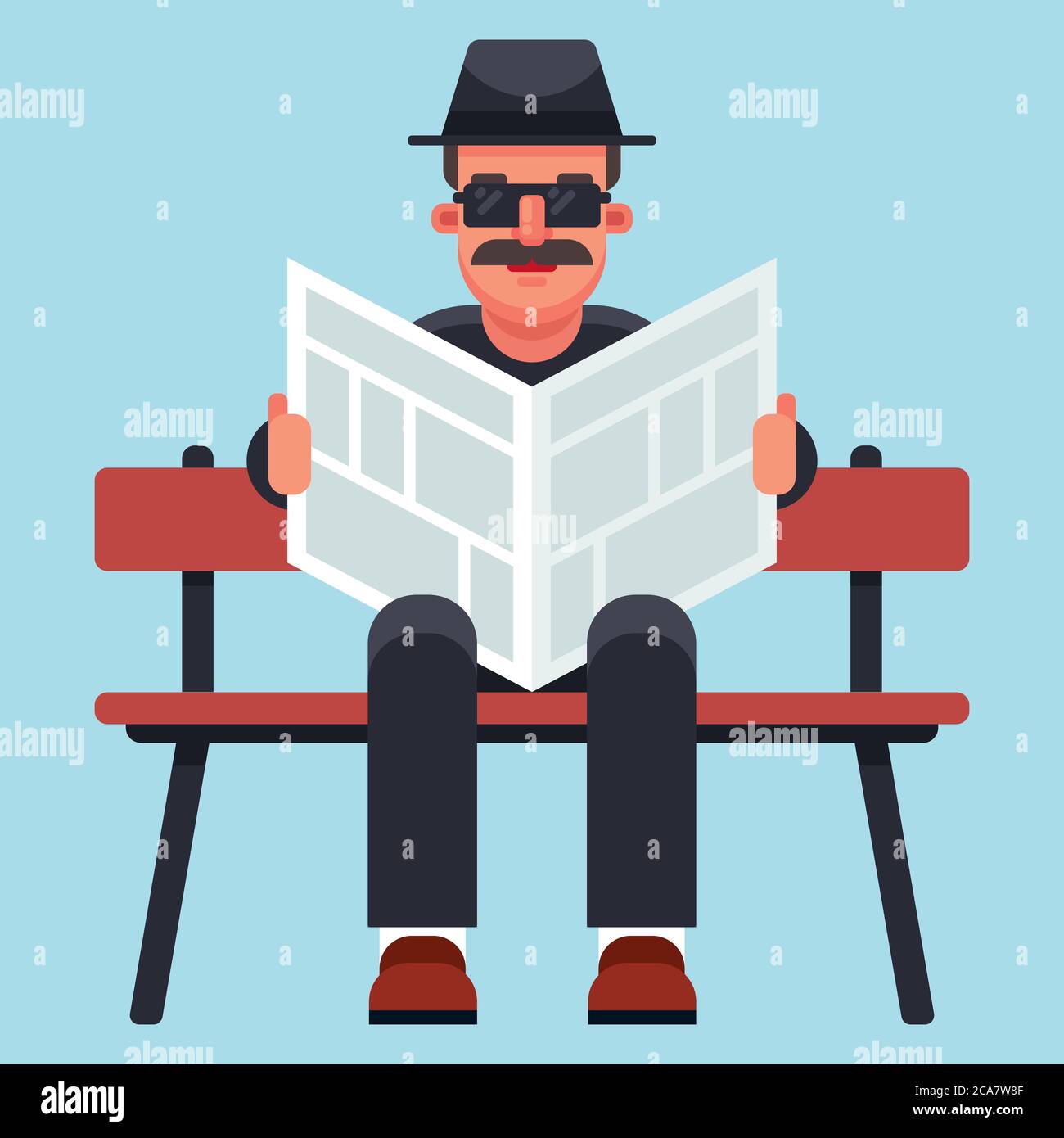 an old man in a hat is reading a newspaper. Private undercover agent undercover. Flat character vector illustration. Stock Vector